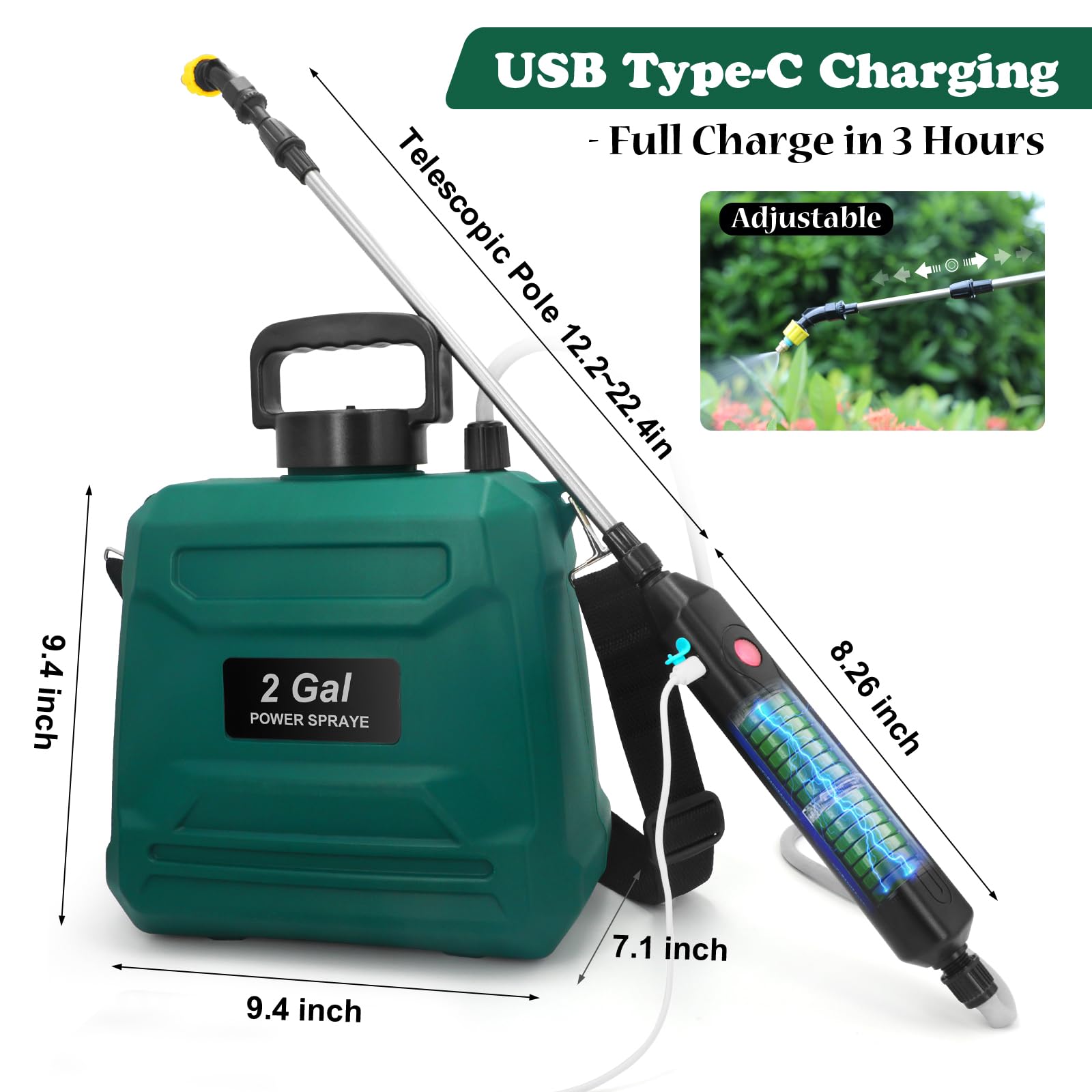 Pulverizador Eléctrico de Jardín 8 L a Batería, Recargable por USB con 3 Boquillas Ajustables, Lanza Telescópica y Correa Ajustable, Pulverizador de Presión para Riego, Plantas y Deshierbe — view 3