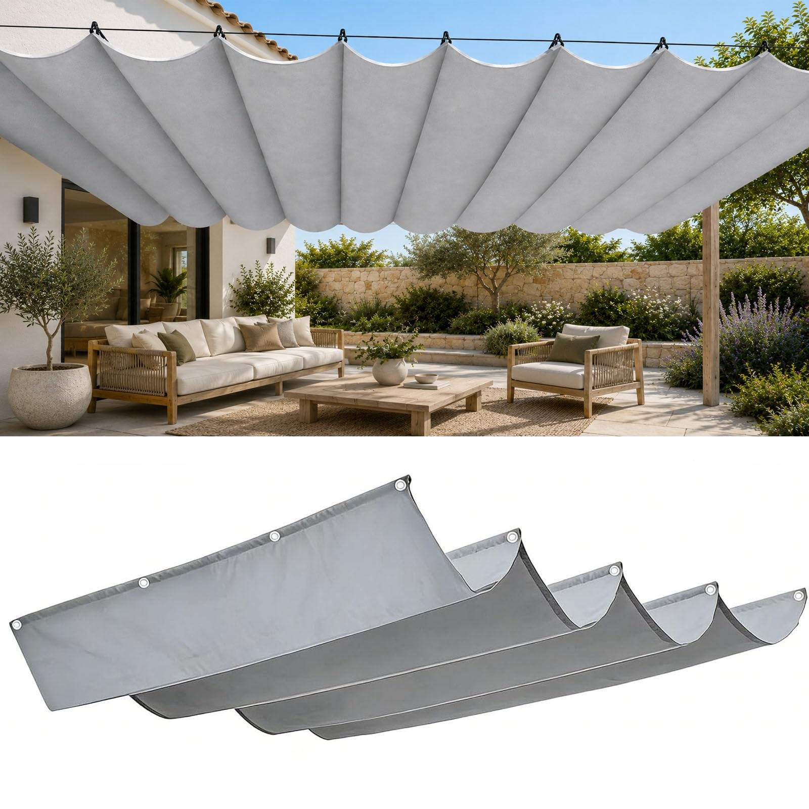 Toile pergola rétractable gris clair 2.3x5.5 m, le store idéal pour repas sur terrasse et patio