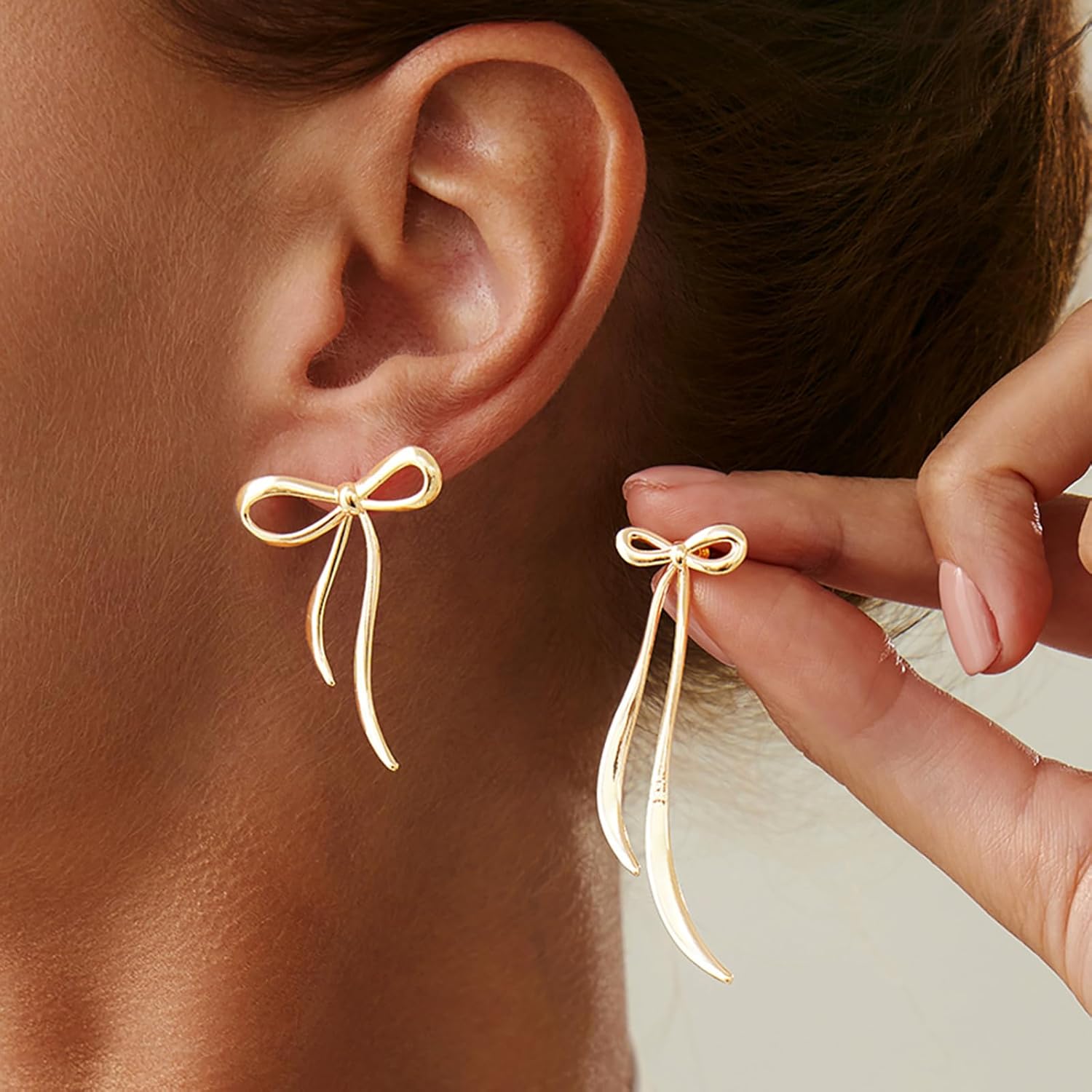 Gold Bow Earrings for Women Long Ribbon Bow Statement Earrings Dainty Bowknot Stud Earrings Christmas Jewelry Gifts ﻿ - Image 2
