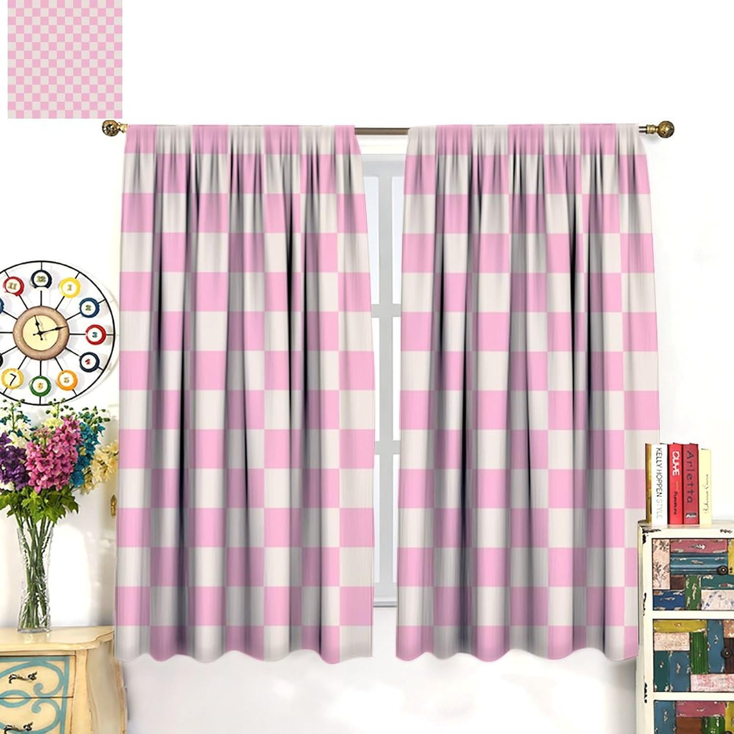 70s Groovy Kids Curtains Pink Lattice Modern Geometric Boho Window Treatment Retro for Kitchen Living Room Bedroom Country Window Drapes Country 42" W X 45" L