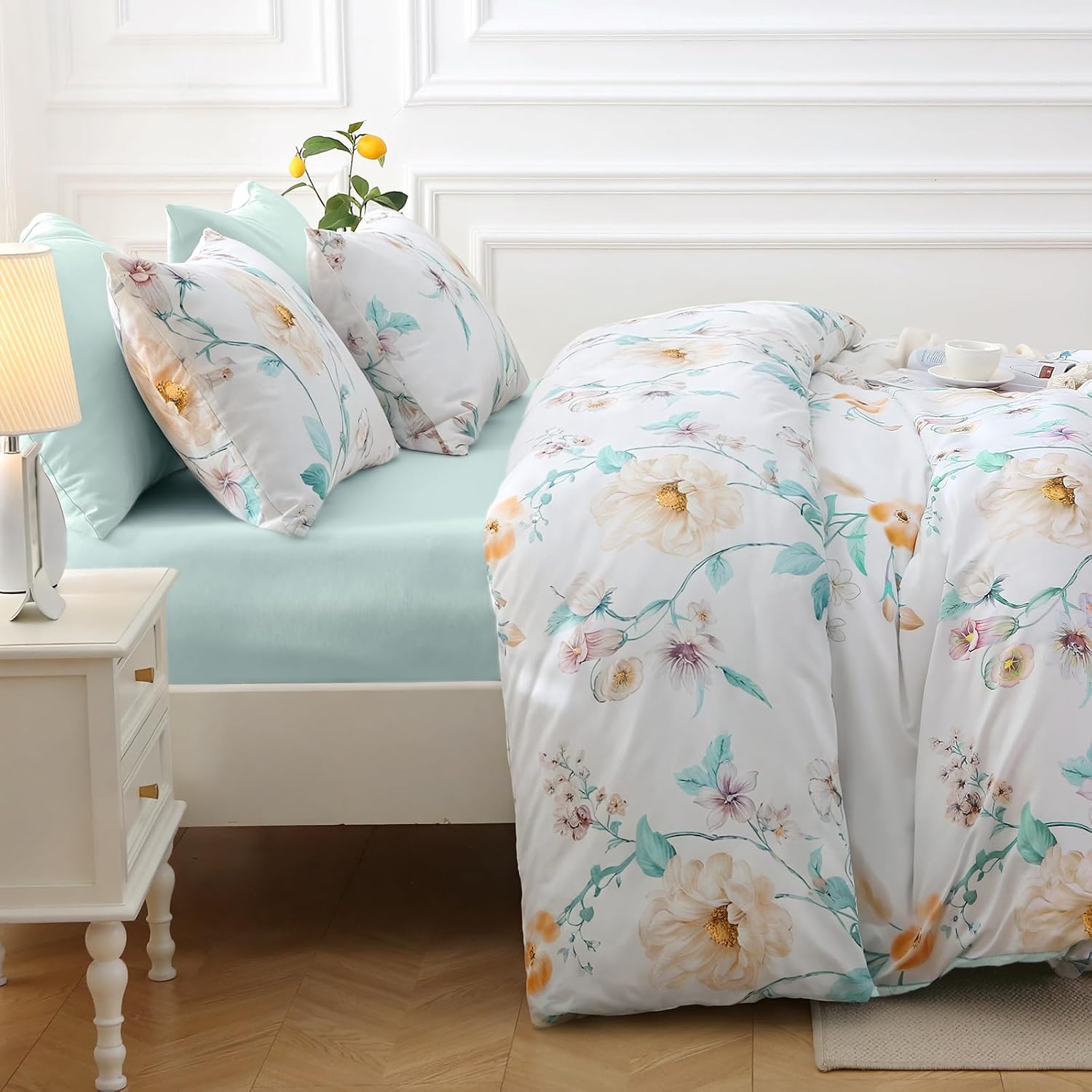 MUXHOMO Green Branch Bed in a Bag King 7 Pieces, King Comforter Set Reversible Botanical Flowers Design, Ultra Soft & Breathable Bedding Sets with Comforter, Sheets, Pillowcases & Shams image 4