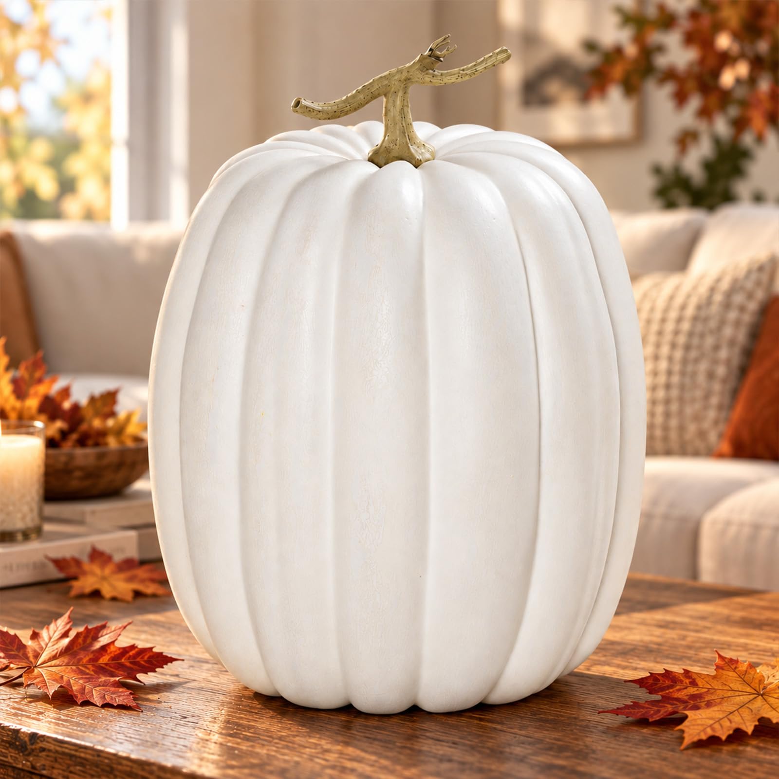 Extra‑Large White Faux Artificial Pumpkin, Realistic Foam Fake Pumpkin for Fall Harvest Decor, Rustic Lifelike Ornament for Halloween Thanksgiving Home Porch Tabletop Outdoor Decorations