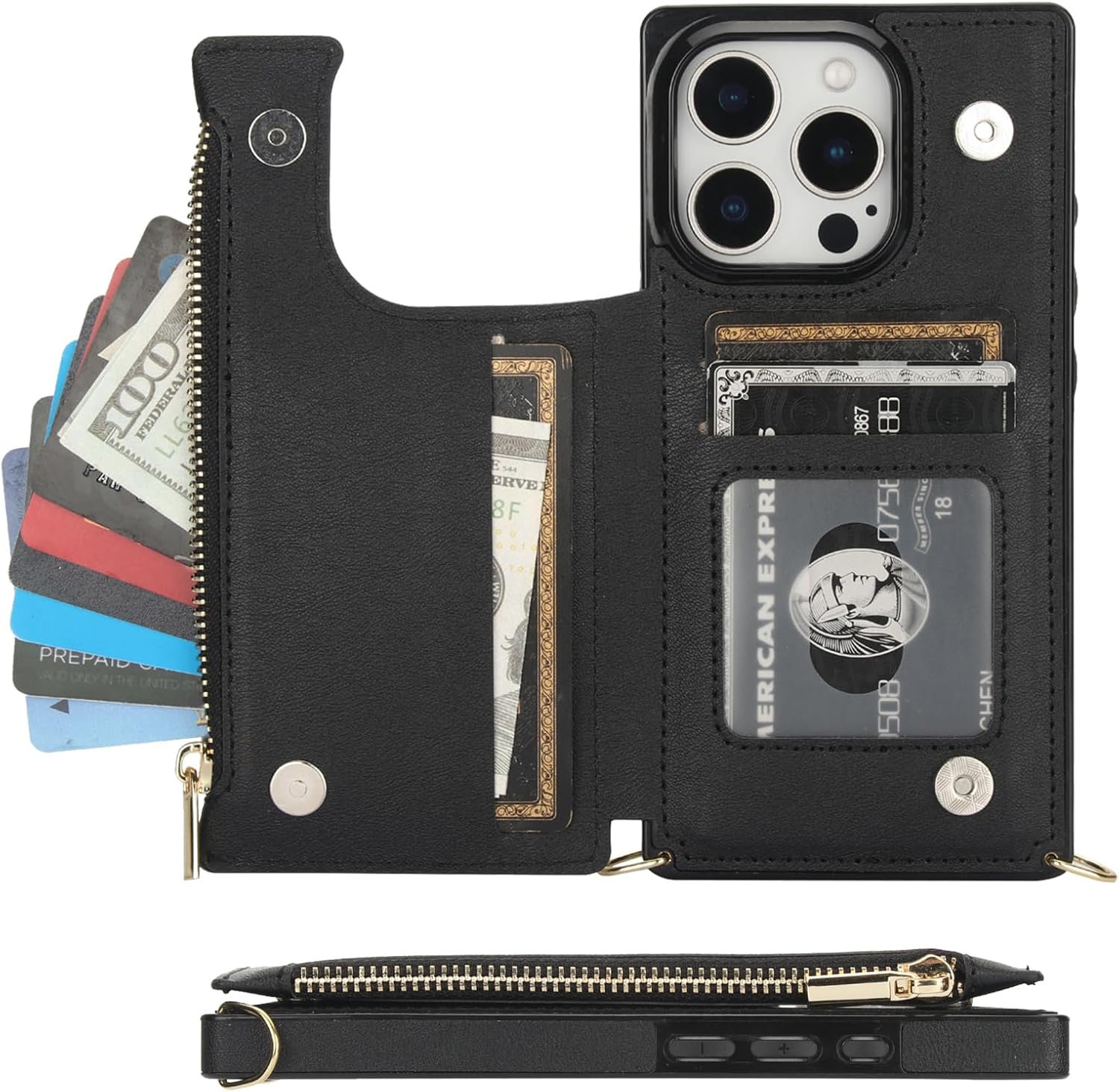 Bocasal Crossbody Wallet Case for iPhone 16 Pro with RFID Blocking Card Slot Holder, Magnetic Flip Folio Purse Case, PU Leather Zipper Handbag with Detachable Lanyard Strap 6.3 Inch 5G (Black)