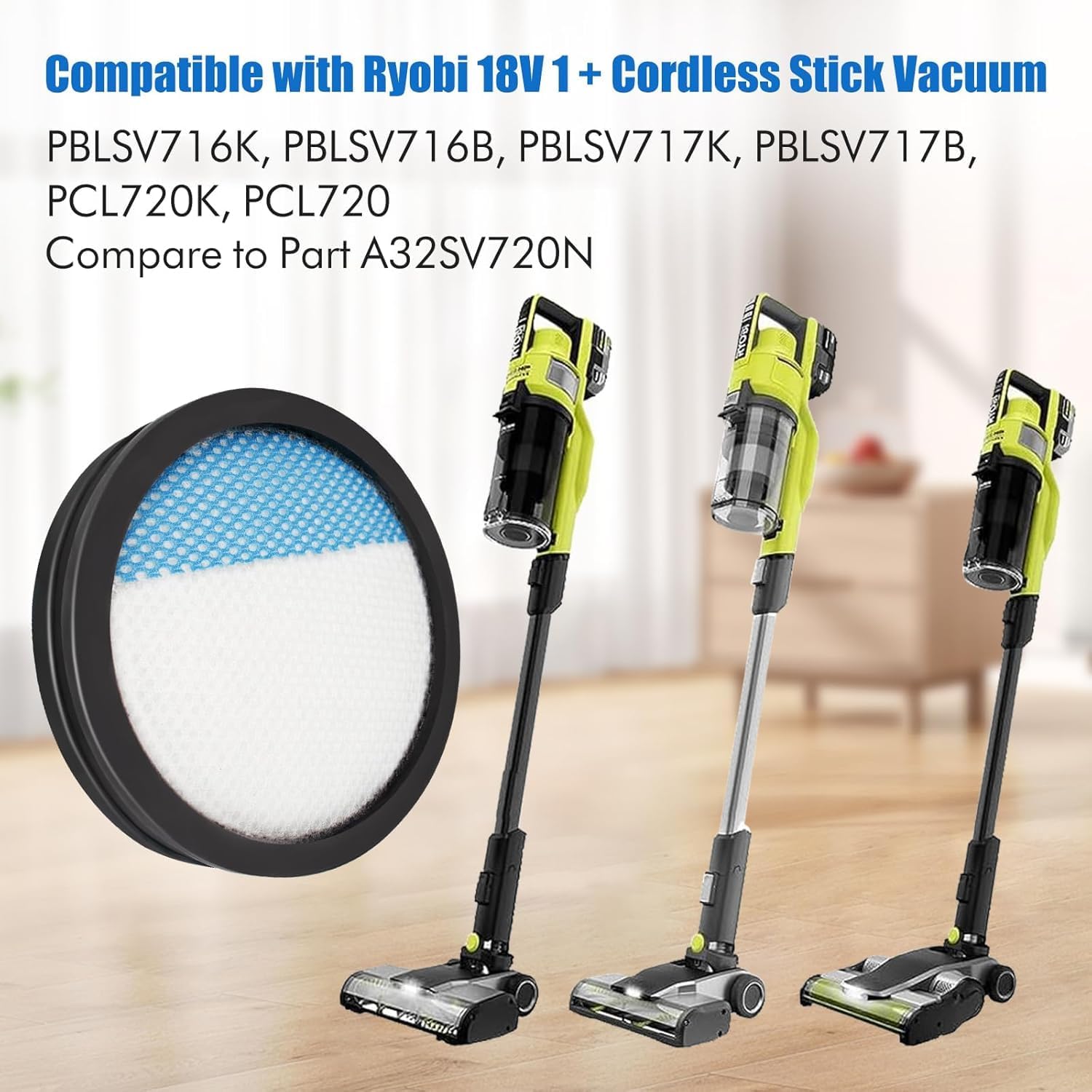 Washable Vacuum Filter for Ryobi PCL720, PBLSV716, PBLSV716, PBLSV717 ONE+ 18V Cordless Stick Vacuums, Compare to Part A32SV720N, 2Pack