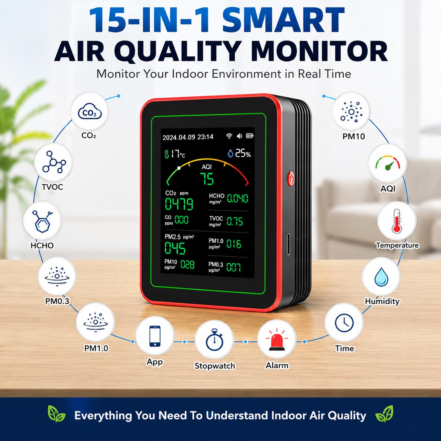 WLAN Luftqualitätsmonitor CO₂ TVOC HCHO PM2.5 PM10 Temperatur Feuchtigkeit Farbdisplay