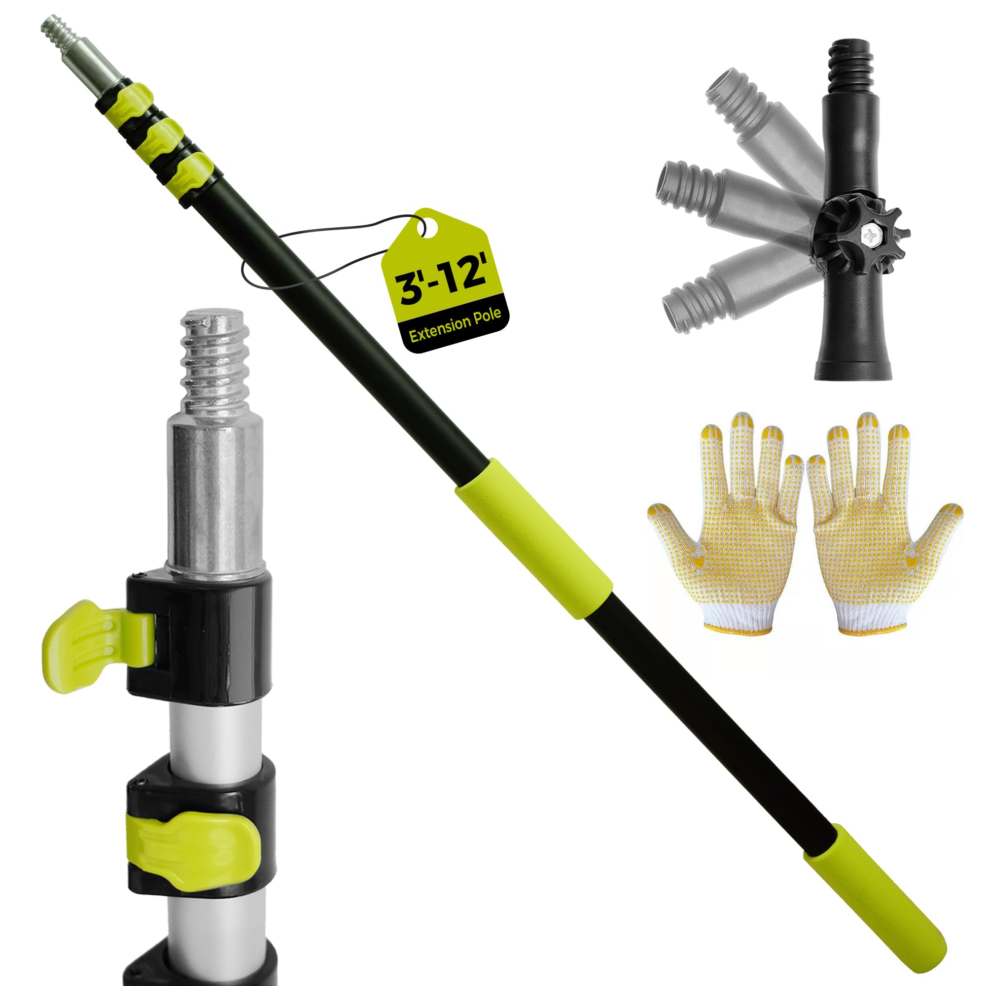 3-12ft Telescopic Extension Pole,Multi-Purpose Extension Pole with 180° Universal Thread Head, Black Oxide Aluminum Extendable Pole with Flip-Lock, for Painting,Dusting,Window Cleaning