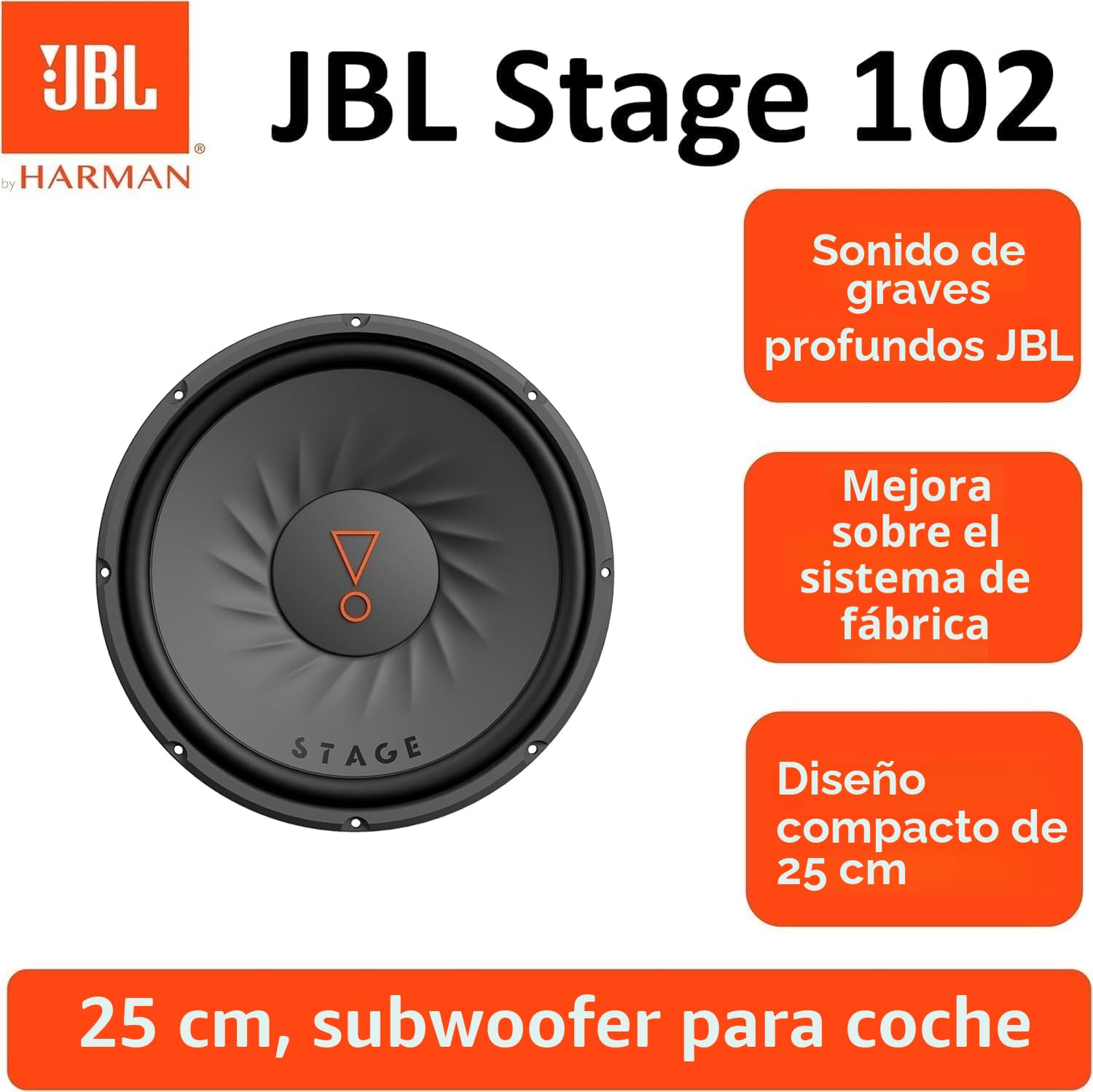 JBL Stage 102 subwoofer pasivo de coche 10 pulgadas con 225 W RMS y 900 W pico, sensibilidad 89 dB, 4 ohmios, rango 35–200 Hz, cono de polipropileno con borde de goma, bobina ventilada
