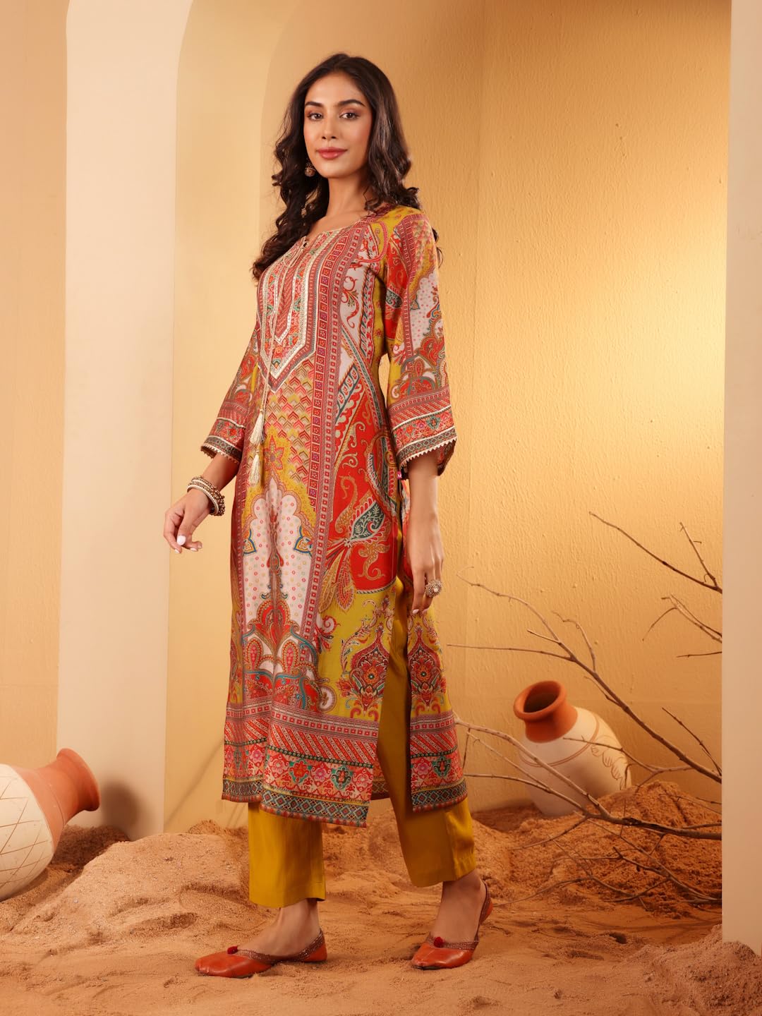 Varanga Women Olive Ethnic Floral Printed Gota Embellished Flared Sleeve Kurta With Solid Trouser  Stylish Ethnic Set