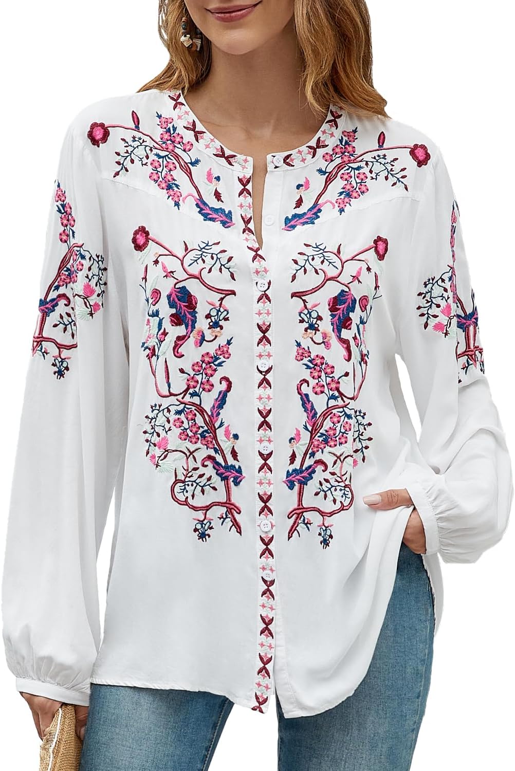 Womens Long Sleeve Shirts Fall Tops Embroidered Blouses Casual Loose Peasant Tunic Mexican Trendy Clothes - Image 5