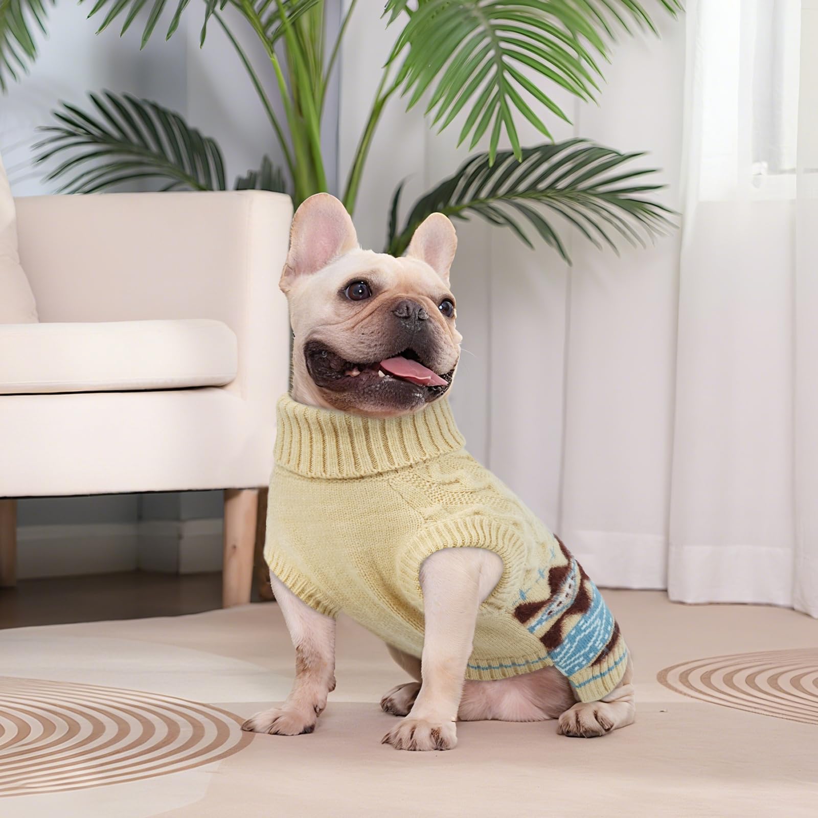 Pull Chihuahua - Fair Isle Pull Over pour Chien Hiver avec Trou pour Harnais, Pull-Overs Col Roulé Noel Sweat Tricot Chaud Facile à Enfiler pour Petite Taille Chien (1–24 kg) Beige XS