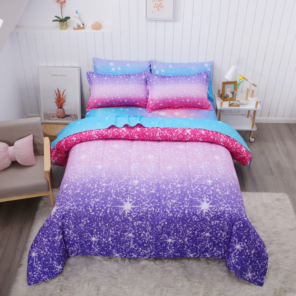 Glitter Comforter Sets 7 Pieces Bed in a Bag Red Pink Purple Glitter Bedding Queen Size Galaxy Quilt Comforter Soft Microfiber Rainbow Girls Comforter Sets