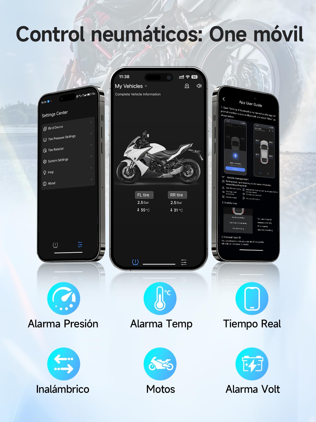 Moman Sistema TPMS Moto 2 Sensores, Monitor Presión y Temperatura Neumáticos con Alarma Manómetro de Presión de Neumáticos, Inalámbrico Solo iOS​​ & Android