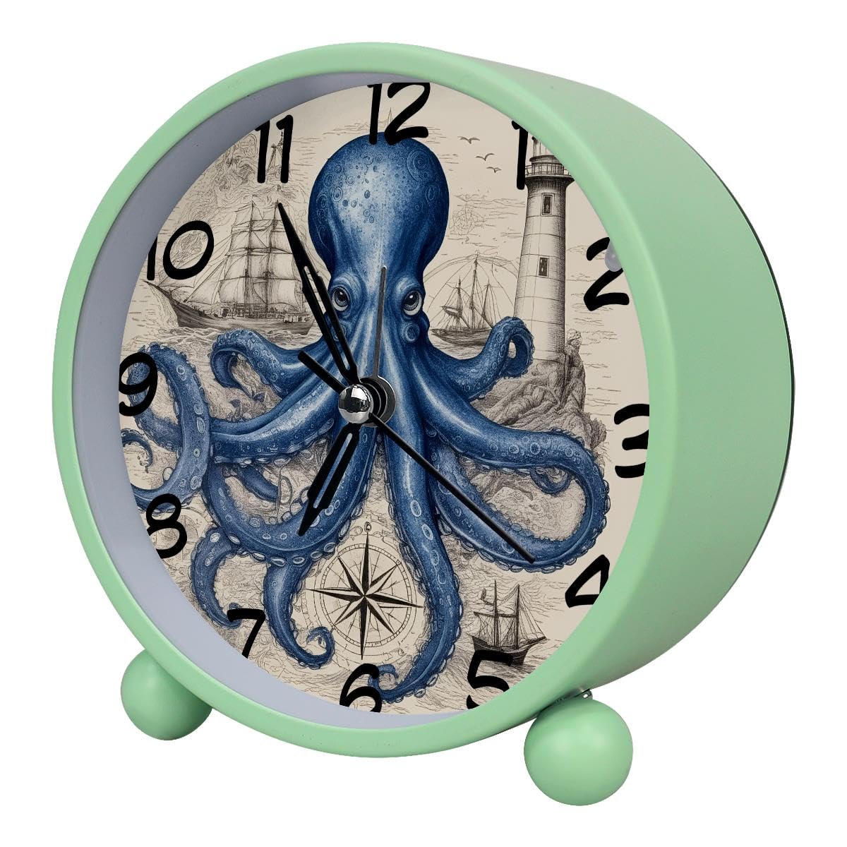 Luoweisi Analog Alarm Clock Vintage Octopus, Silent Non-Ticking with Night Light, Battery Operated, Round Desk Alarm Clock for Office, Bedroom, Elderly, Adults, Children, Student Gifts