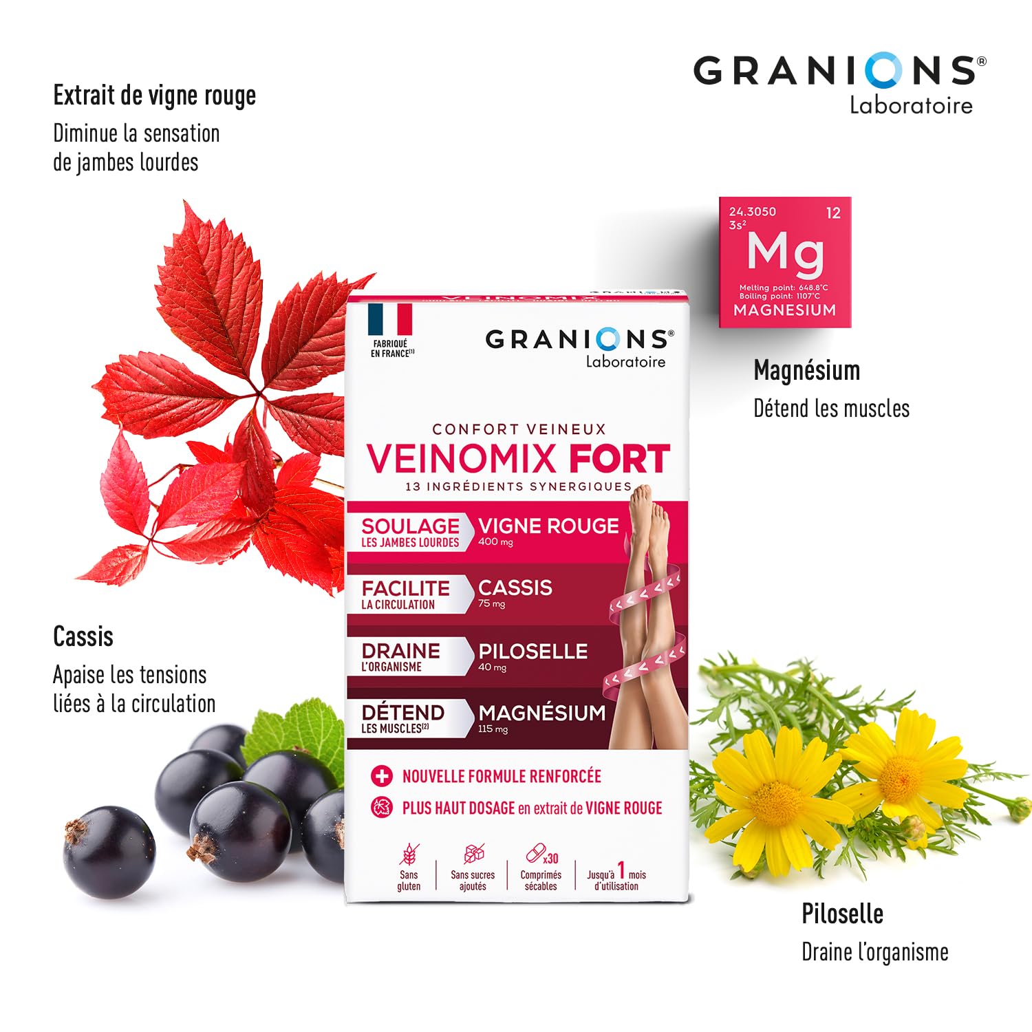 GRANIONS - VEINOMIX FORT - Retention d'eau drainant puissant - Circulation Sanguine Jambes - Vigne rouge + Vitamine C + Vitamine E - Vigne rouge Circulation - Jambes Lourdes - 30 comprimés - 1 mois - 5