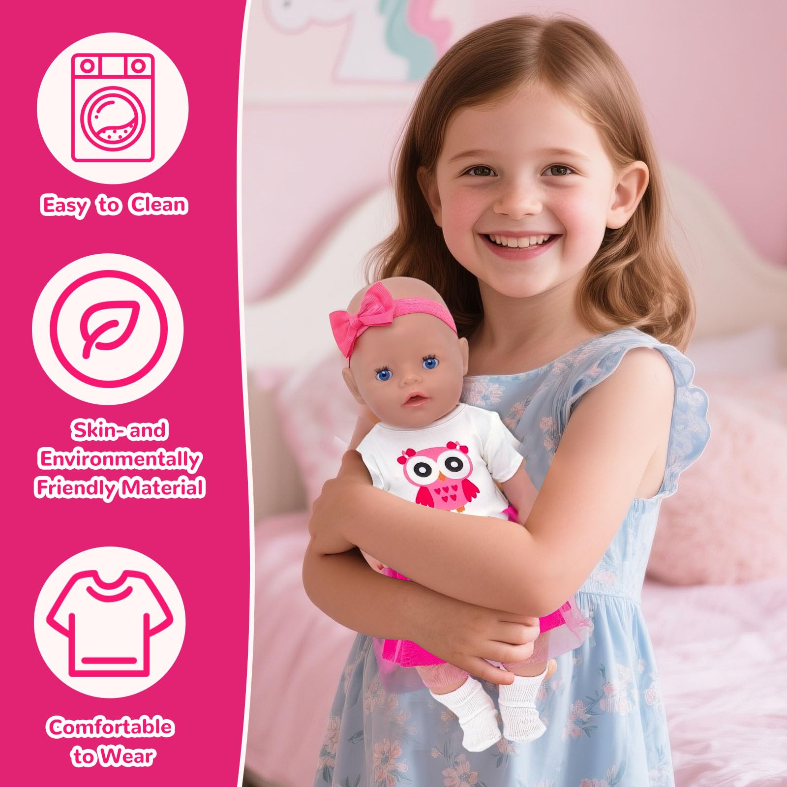 6 sztuk ubrań dla lalek 35-43 cm, elementy zwierzęce, 2 ozdoby do włosów z kokardką, 1 spódnica, 1 zawieszka w kształcie sowy, 1 para skarpet, 1 wieszak na ubrania, zestaw ubrań dla lalek dla