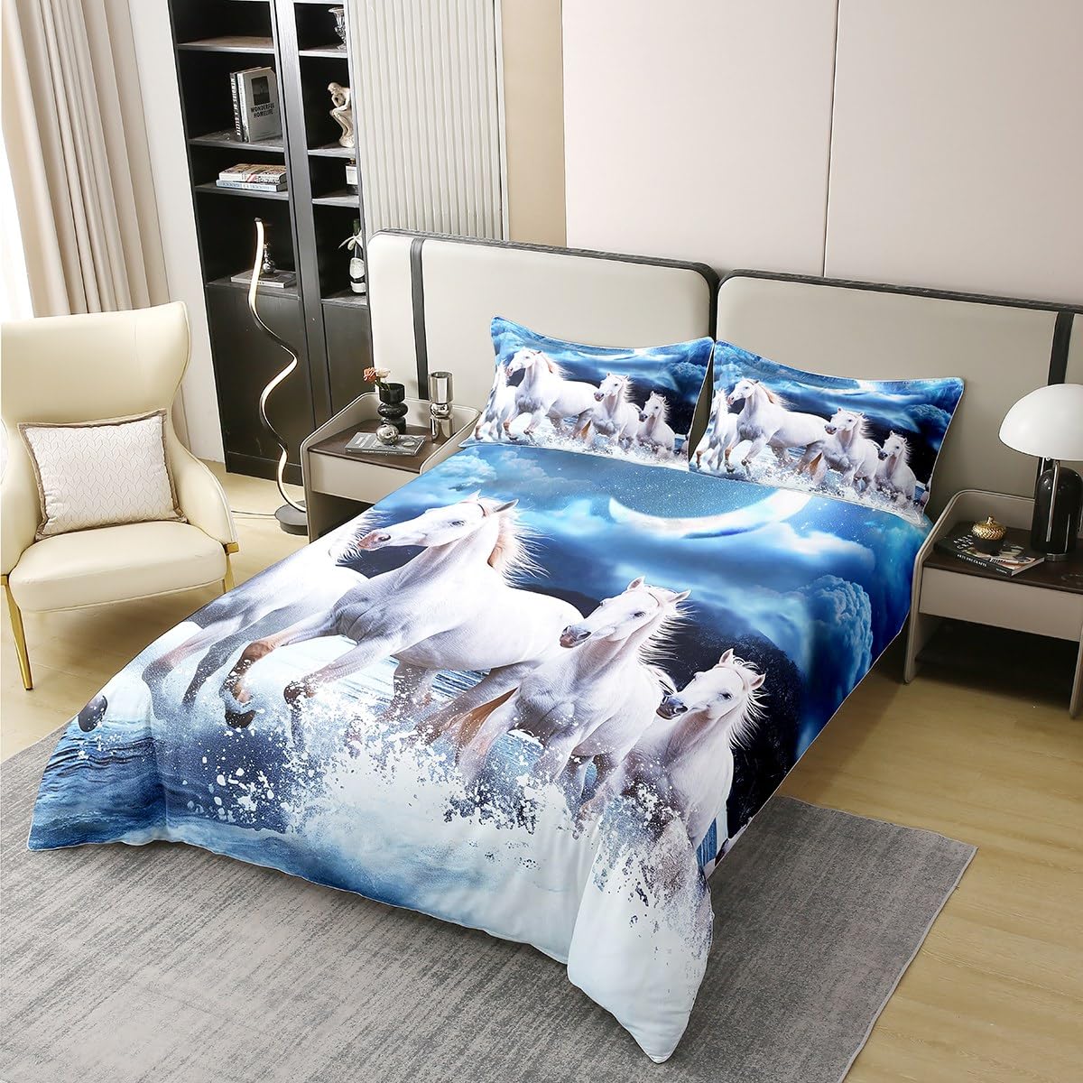 Homewish Housse de Couette Cheval Blanc Coton 220x240,Housse de Confort Respirante Ferme Wildlife Lune,Housse de Confort Cheval de Course 3D avec Cravate Zippée pour Enfants,Adolescents,Adultes,Bleu
