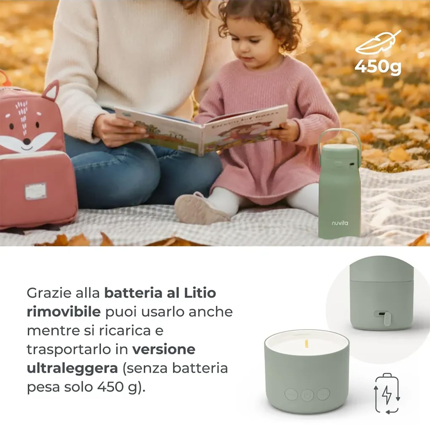 Nuvita 1190 podgrzewacz do butelek 500 ml - bezprzewodowy podgrzewacz do butelek z akumulatorem, 3 temperatury do wyboru 37°C/55°C/100°C, utrzymuje ciepło do 12 godzin