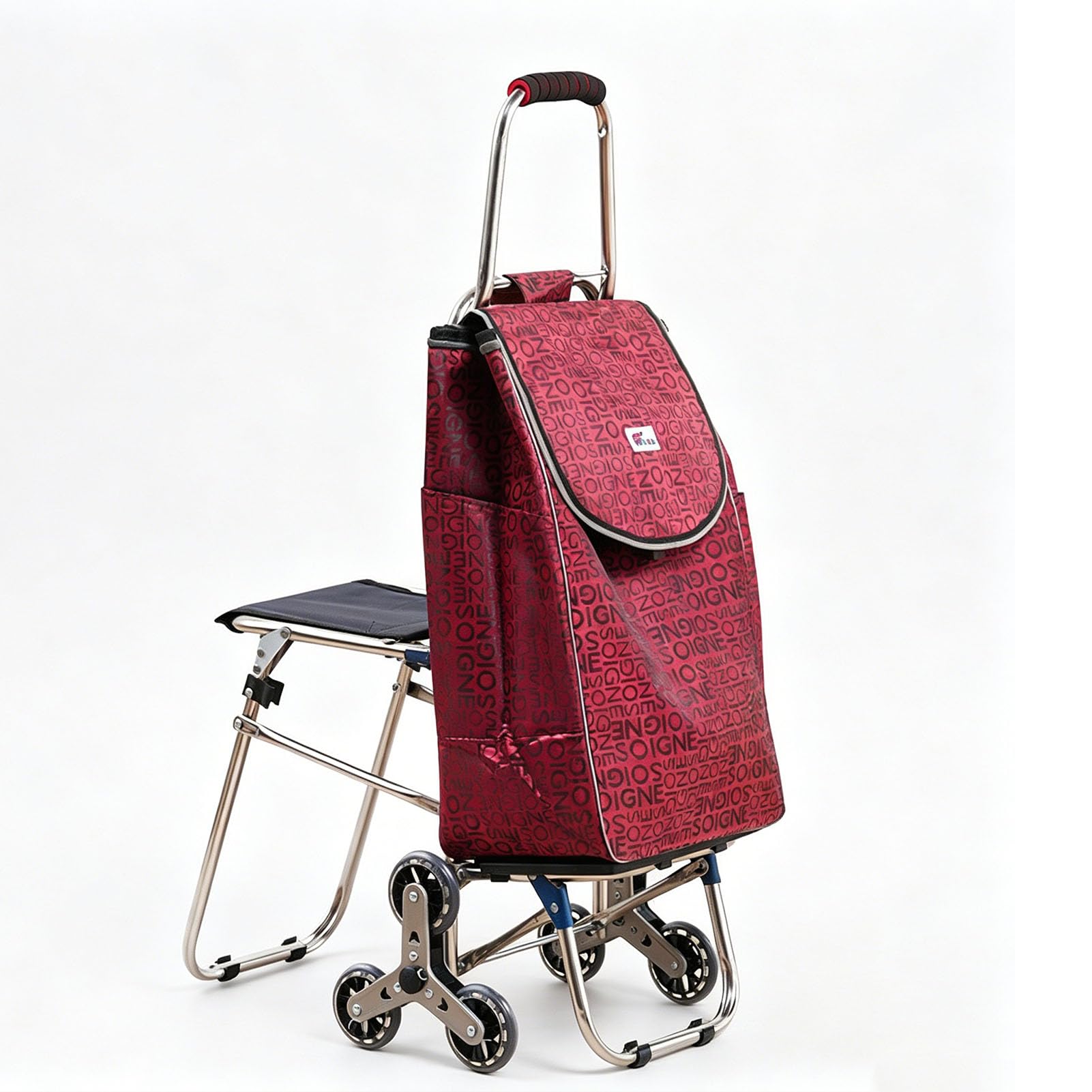 JYHCD Foldable Shopping Trolley with Built-In Seat, 6 Stair-Climbing Wheels, Large Removable Storage Bag, Portable Hand Cart for Grocery Shopping,Red