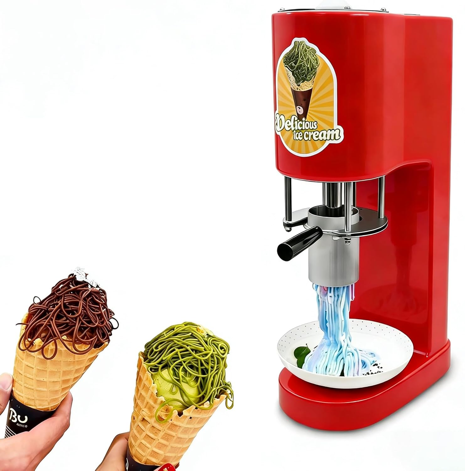 Electric Spaghetti Ice Cream Maker, 80W Noodle Maker for Gelato And Soft Serve, 4-in-1 Pasta Style Dessert Machine with 420ml Hopper, 7.9 Gal/Hr Professional Ice Cream Press for Kiosk and Home