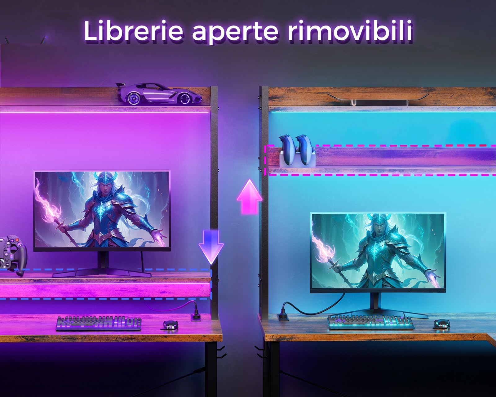 ODK Scrivania Gaming con LED, 168×120 cm Scrivania con Ripiano Reversibile, Scrivania ad L con Prese e Porte USB, Scrivania Gaming Marrone Vintage con Scomparti e Spazio di Archiviazione