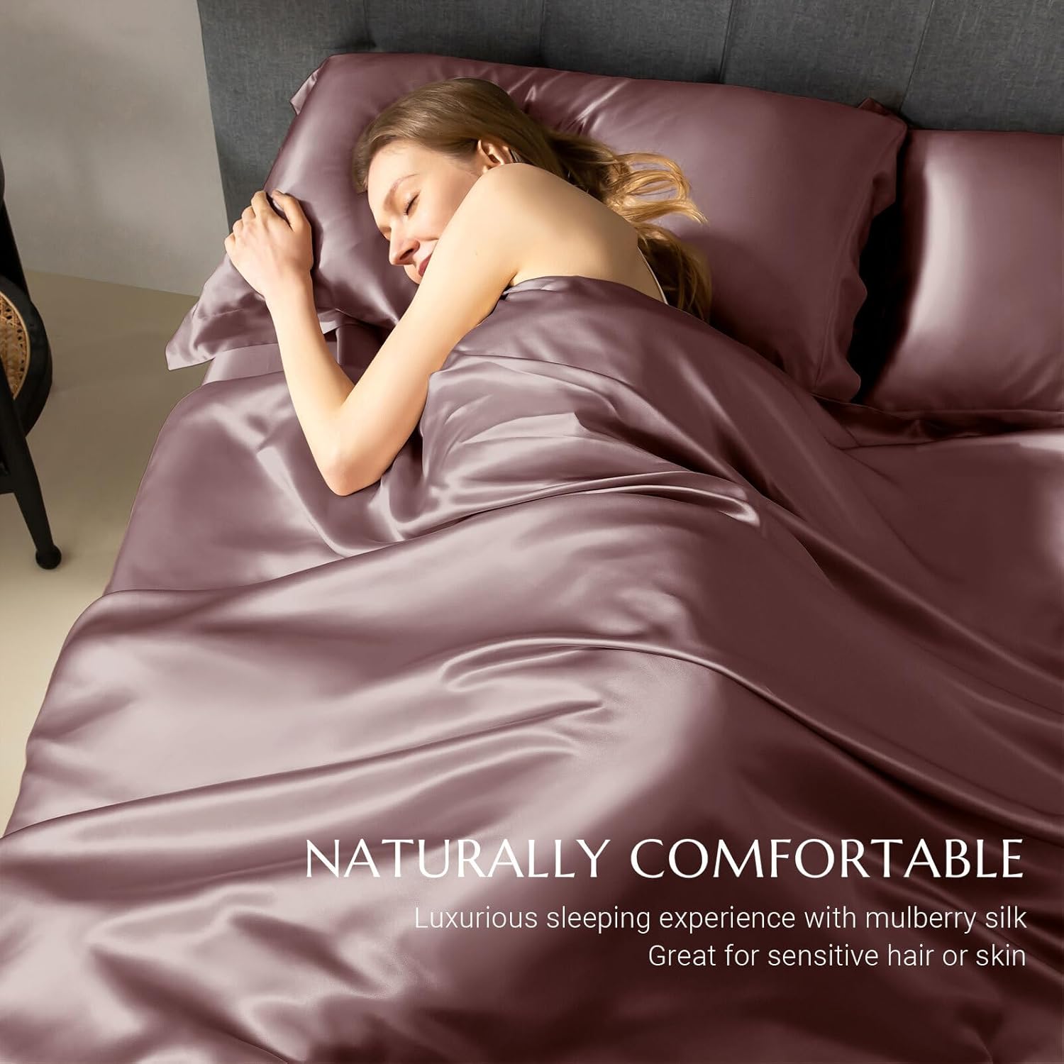 THXSILK Silk Duvet Cover, 100% 7A+ Mulberry Silk Comforter Cover, Seamless, Breathable, Easy Care Zipper Closure, 1 Duvet Cover Only - Queen, Purple