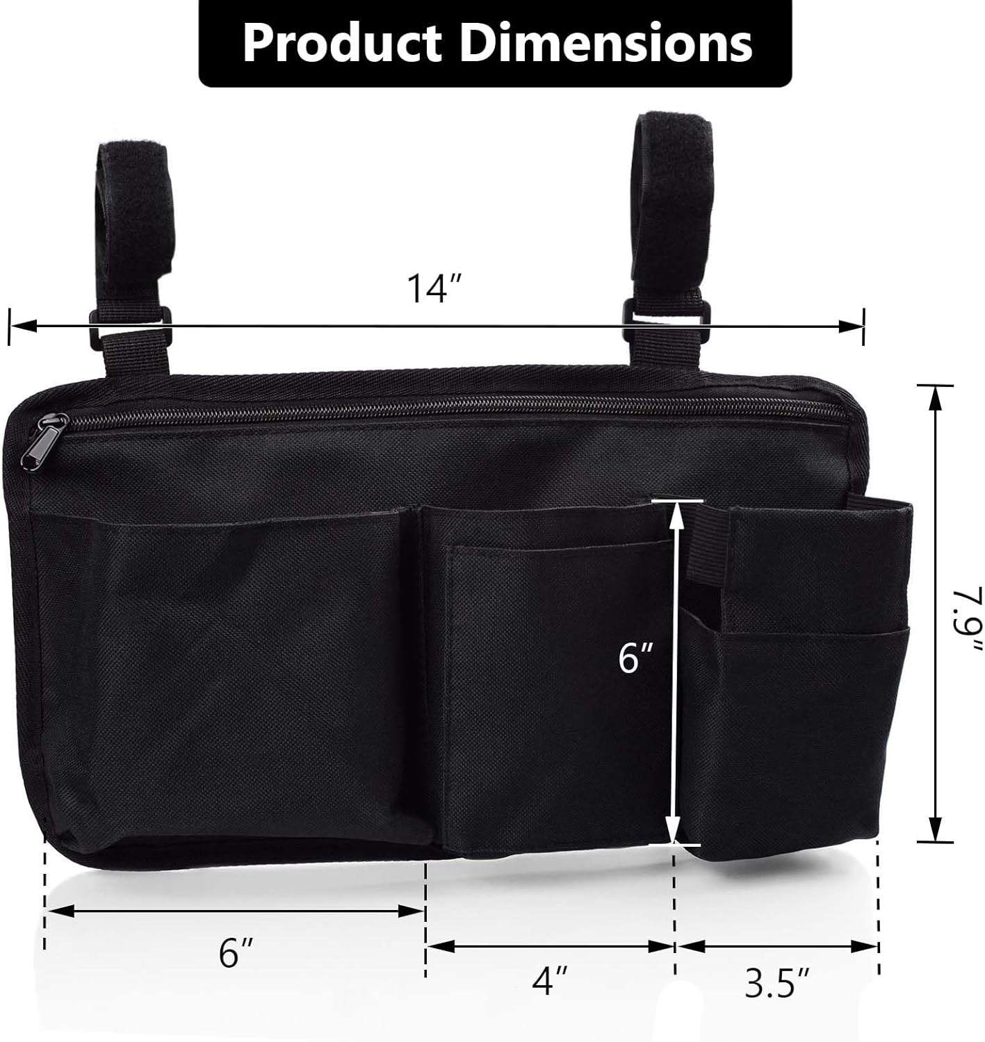 Wheelchair Side Bag Walker Side Bag Wheelchair Armrest Storage Pouch with Cup Holder, Wheelchair Accessories for Seniors for Walker, Rollator, Electric Scooter or Wheelchair -Black - Image 7