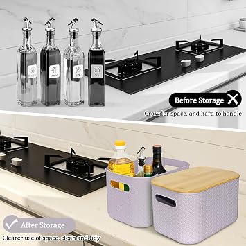 4 Pcs Plastic Purple Storage Baskets with Bamboo Lid for Bathroom