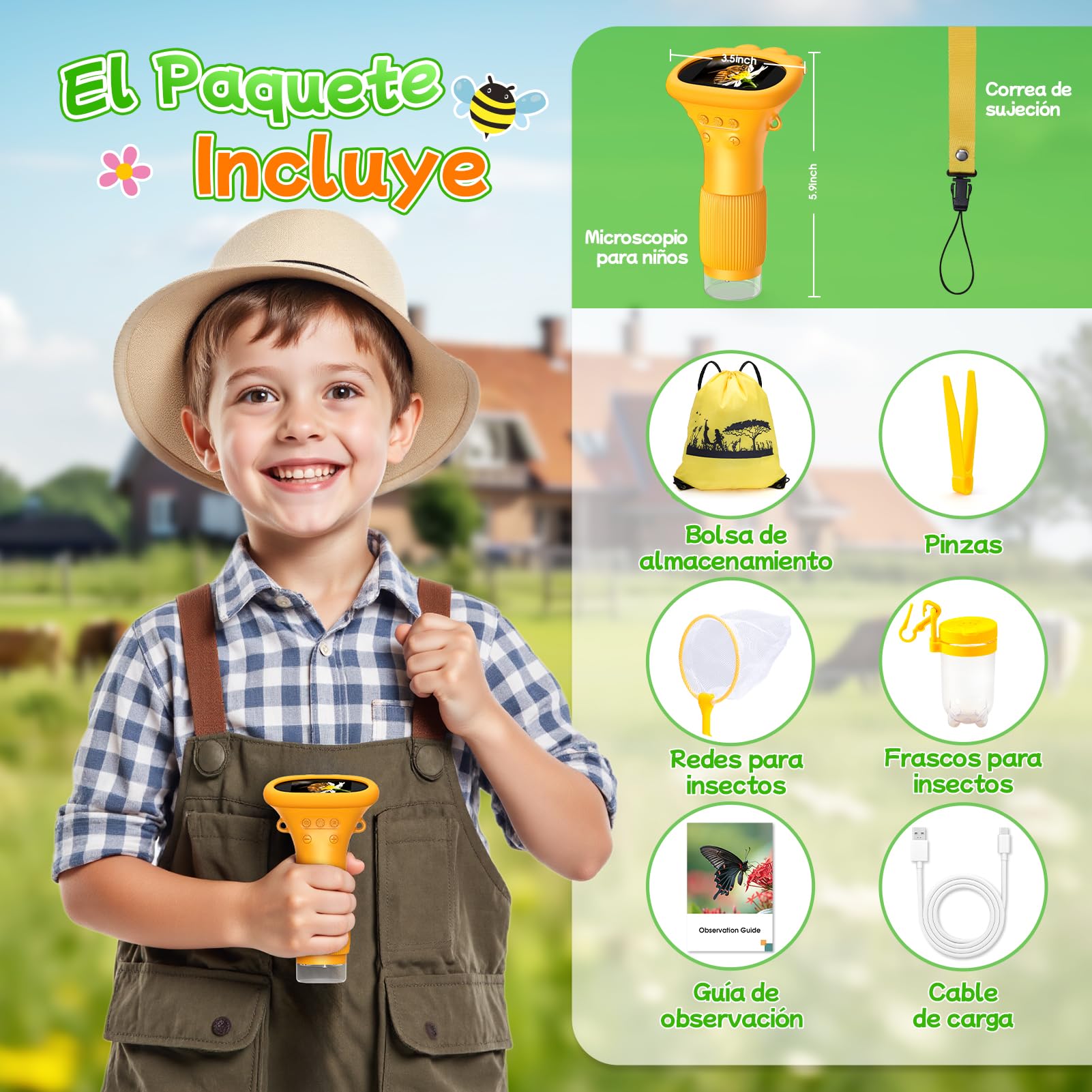 Microscopio Digital para Niños, 1000X Microscopio Portátil con Pantalla IPS 2.0" y 8 Leds, Recargable, Juguete Regalo para Niños de 3-12 Años - Regalo Navidad Niño Halloween
