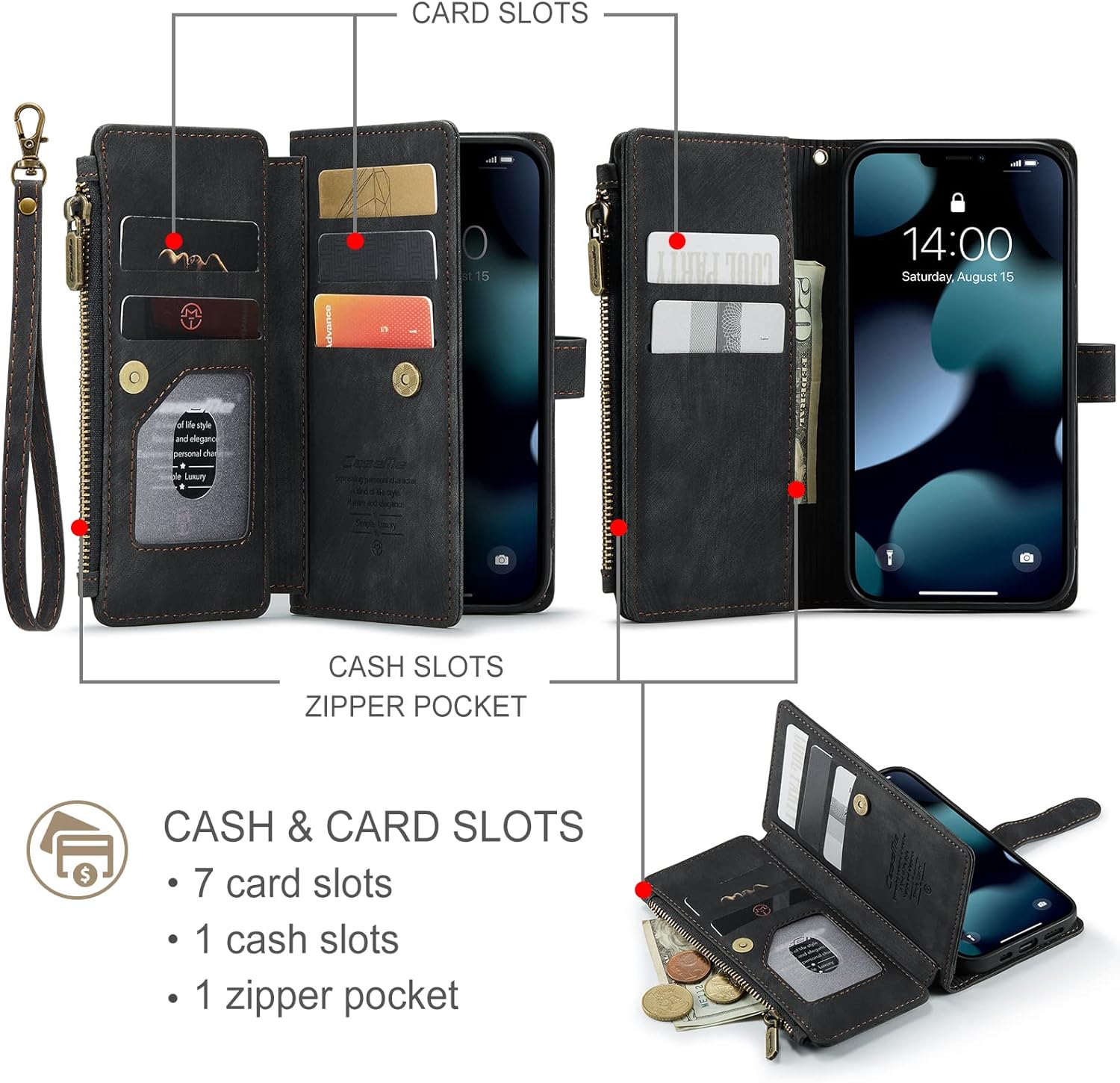 iPhone 13 5G Wallet Case with Card Holder Kickstand Magnetic Zipper Pocket Lanyard Strap Wristlet,Leather Flip Case Wallet for iPhone 13 5G 6.1 Inch(Black) - Image 2