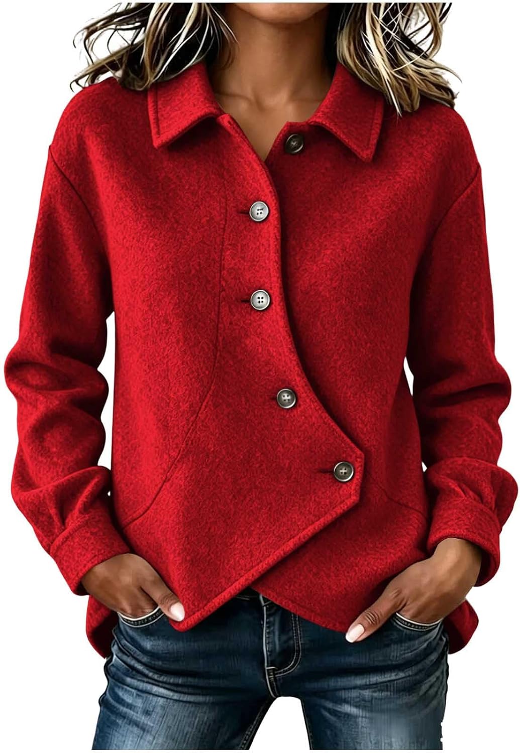 Women's Collared Button Jacket Long Sleeve Asymmetric Casual Top