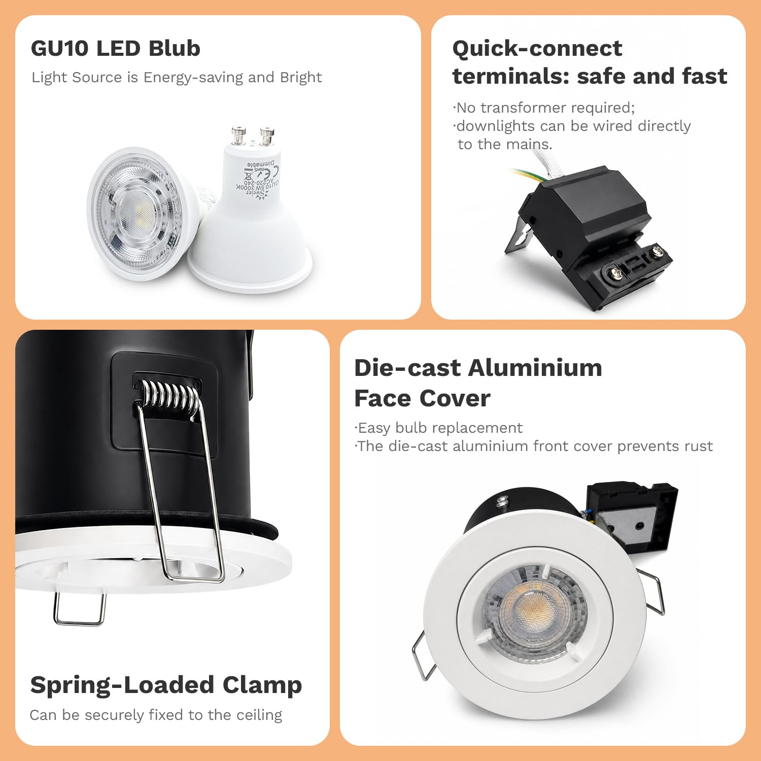 4XSweier 90 minut ognioodporna oprawa wpuszczana LED, IP20 GU10 oprawa wpuszczana LED, ognioodporny reflektor o mocy 5 W, 6000 K, chłodna biel, nieściemnialny, 4 szt