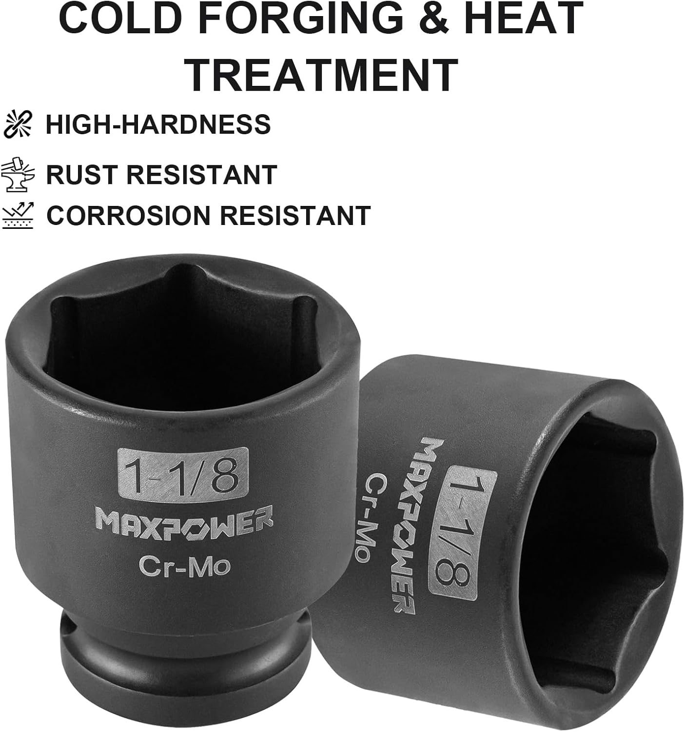 MAXPOWER 1/2 Inch Drive 1-1/8 Inch Standard Impact Socket, Made with Heat-Treated Chrome Molybdenum Steel, 6-Point Design, SAE