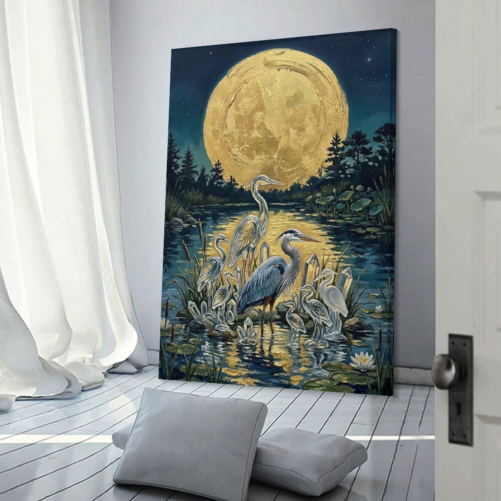 Junmoney Frame-Style-19 Herons And Crystals Under The Full Moon Home Decor Wall Art 20X30inch(50X75cm), For Bedroom, Guest Room Or Reading Nook, Decorative Wall Art For Cosy Rooms