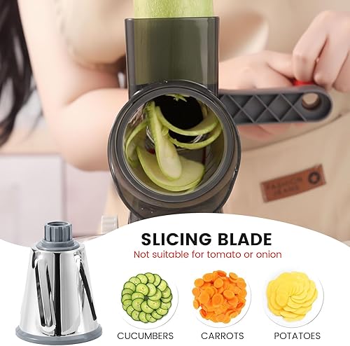 Miniatura 3 de HANSGO Rallador giratorio de queso, manivela de mano, trituradora, 3 cuchillas de metal de gran diámetro y cepillo de limpieza, base de succión