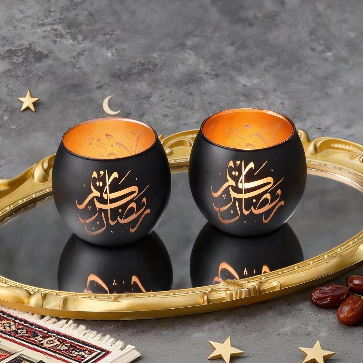 Eid Mubarak Decorations Indoor, Arabic Calligraphy 2 Pcs Laser Etched Glass Tealight Candle Holders, Ramadan Kareem & Ramadan Mubarak Votive Holders for Table Decor, Islamic Gifts