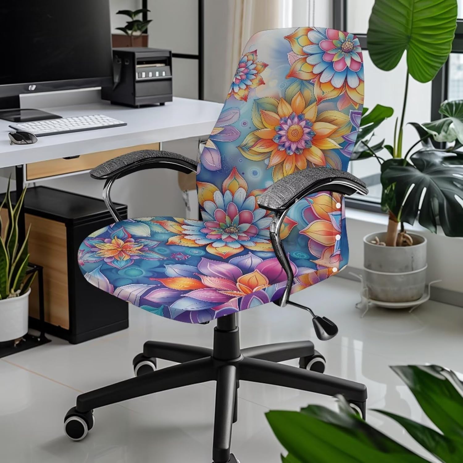Bohemian Lotus Flower Print Office Chair Cover Computer Chair Covers Removable Chair Protector Slipcover Stretch Fabric Boss Chair Covers for Home Decor, Large