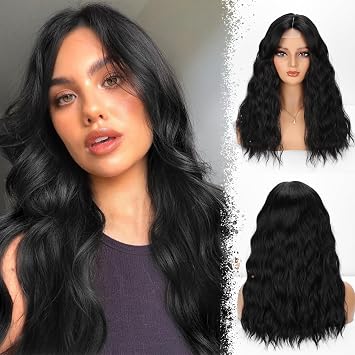 Black Wavy Wig with Bangs 18 Inch Medium Length Wigs for Women Synhtetic Curtain Bang Wavy Wig for Daily Party Use