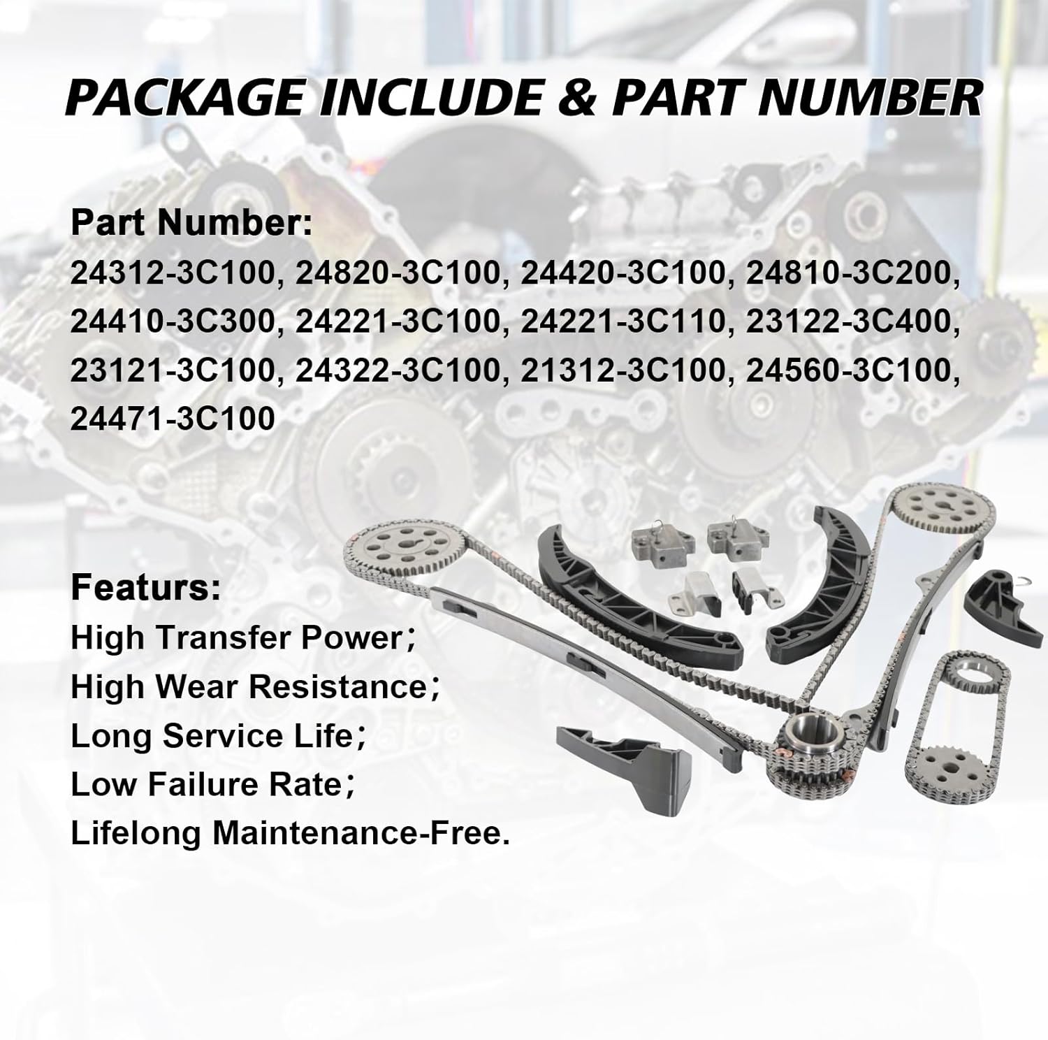 Engine Timing Chain Kit TK10880 Fits for 2006-2011 Azera Entourage Genesis Santa Fe Sonata Sorento Sedona 3.3L 3.5L 3.8L G6DB G6DC G6CD G6DA TK10880 Timing Chain Replacement Parts
