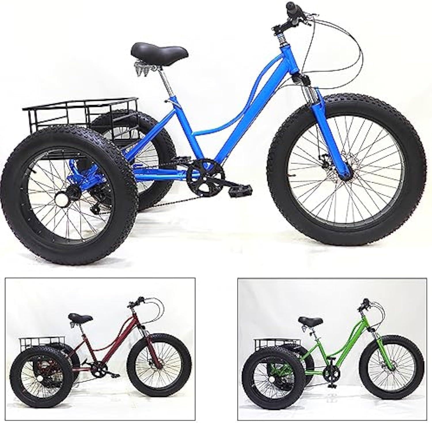 24-Zoll-Dreirad Für Erwachsene, Cruiser-Trike Mit 7 Gängen, All-Terrain-Dreirad Mit Dicken Reifen Und Großem Korb Für Senioren, Dreiräder Für Erwachsene, Zum Einkaufen Und Picknicken,Green