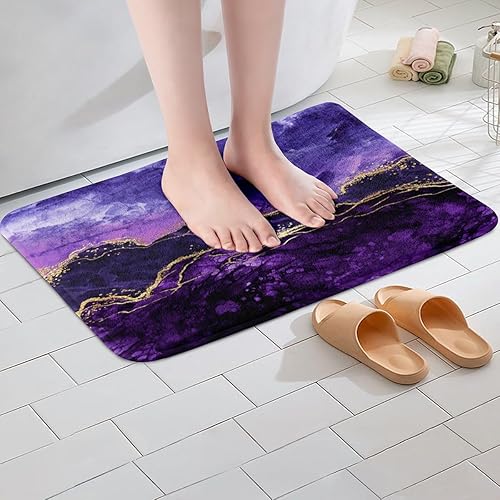 Miniatura 2 de Alfombra de baño de mármol morado, alfombra de baño abstracta dorada y púrpura, alfombra de arte fluida de tinta iridiscente, alfombra de arte