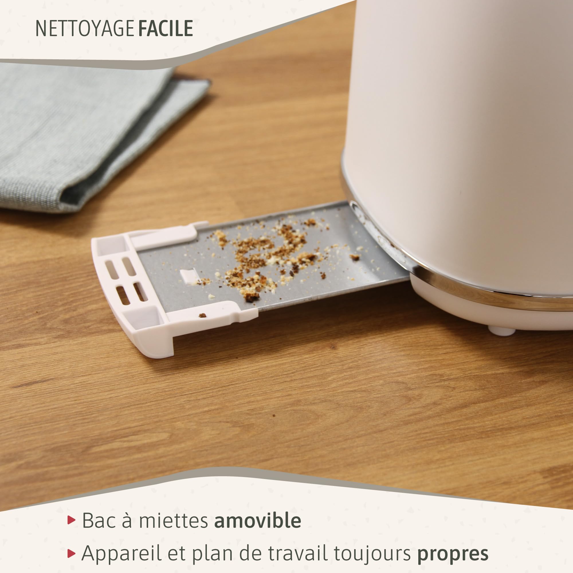 briebe Nordic Grille Pain 2 Fentes, Tranches Larges, 6 Niveaux de Dorage, Support à Petits Pains, Décongélation, Réchauffe et Annulation, Plateau à Miettes, Design Nordique 870W, Blanc