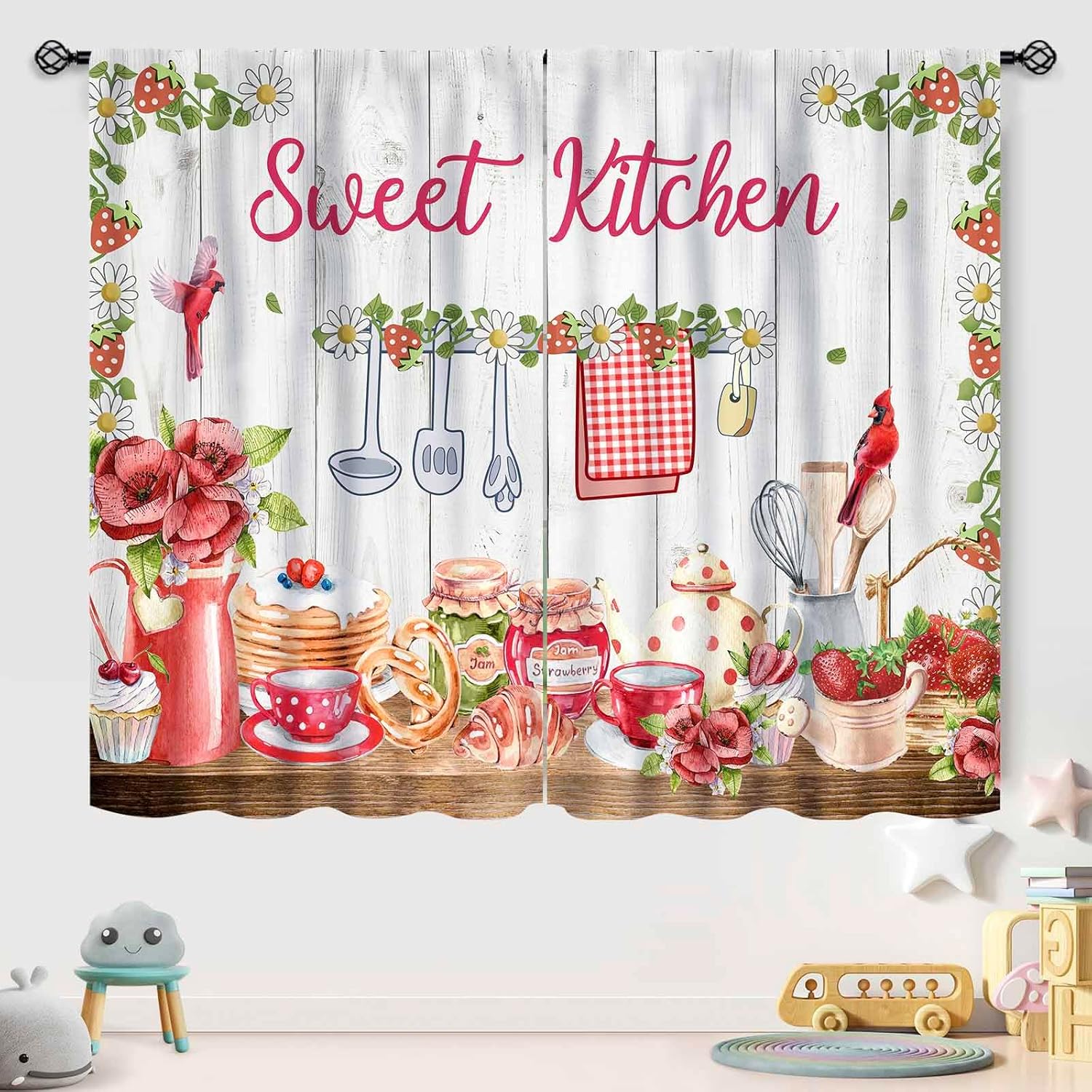 Rustic Farmhouse Kitchen Curtains,Watercolor Strawberry Floral Fruit Dessert Wood Board Red Watercolor Rod Pocket Country Bedroom Living Room Treatment,42X54 Inch