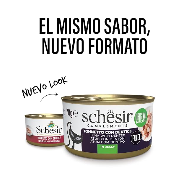 Foto 2 de 8 de Schesir, Filetes de Atún con Merluza en Gelatina, Comida Húmeda Complementaria para Gatos, en Latas