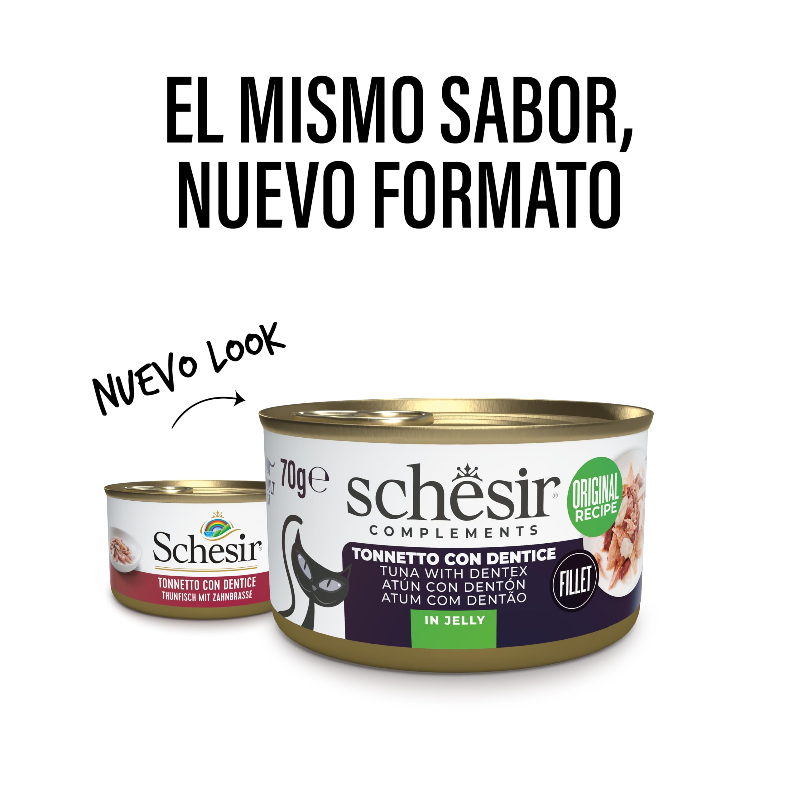 Schesir, Filetes de Atún con Merluza en Gelatina, Comida Húmeda Complementaria para Gatos, en Latas, Receta Original, 100% Natural, 12 x 70g