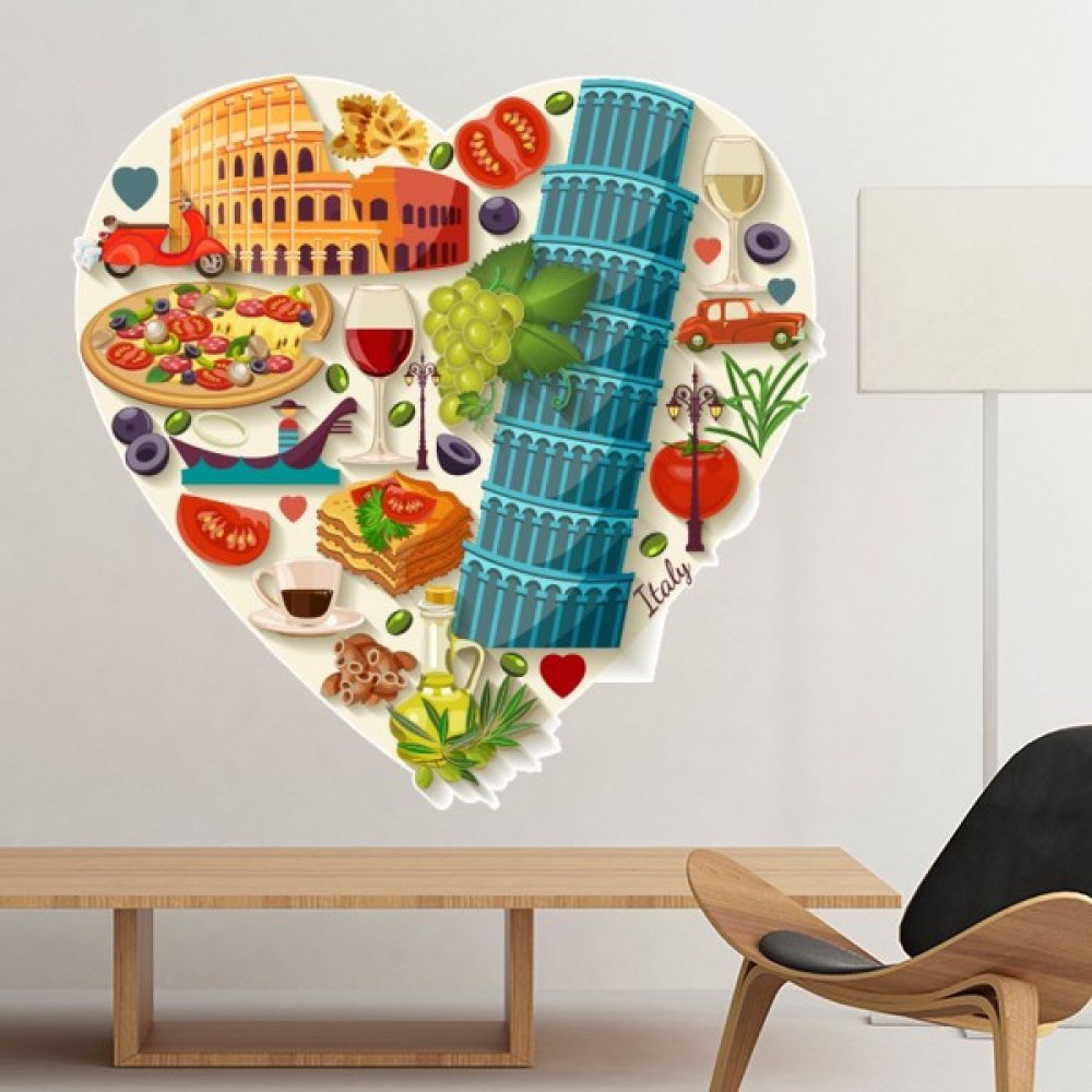 Illustration murale amovible Italie design cœur et monuments sticker déco 25cm