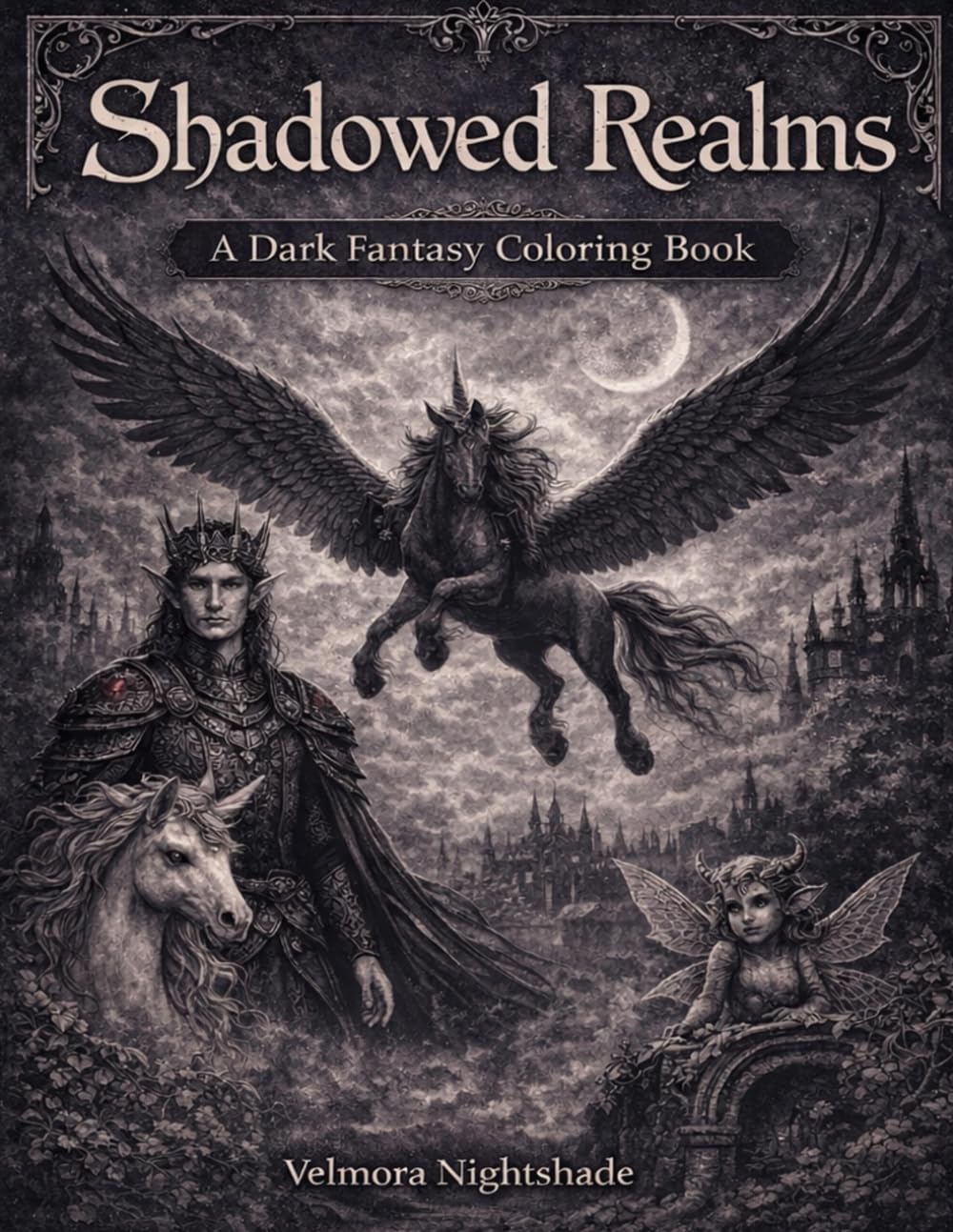 Shadowed Realms: A Dark Fantasy Coloring Book: Gothic Creatures, Haunted Worlds, and Enchanted Darkness for Relaxation and Stress Relief