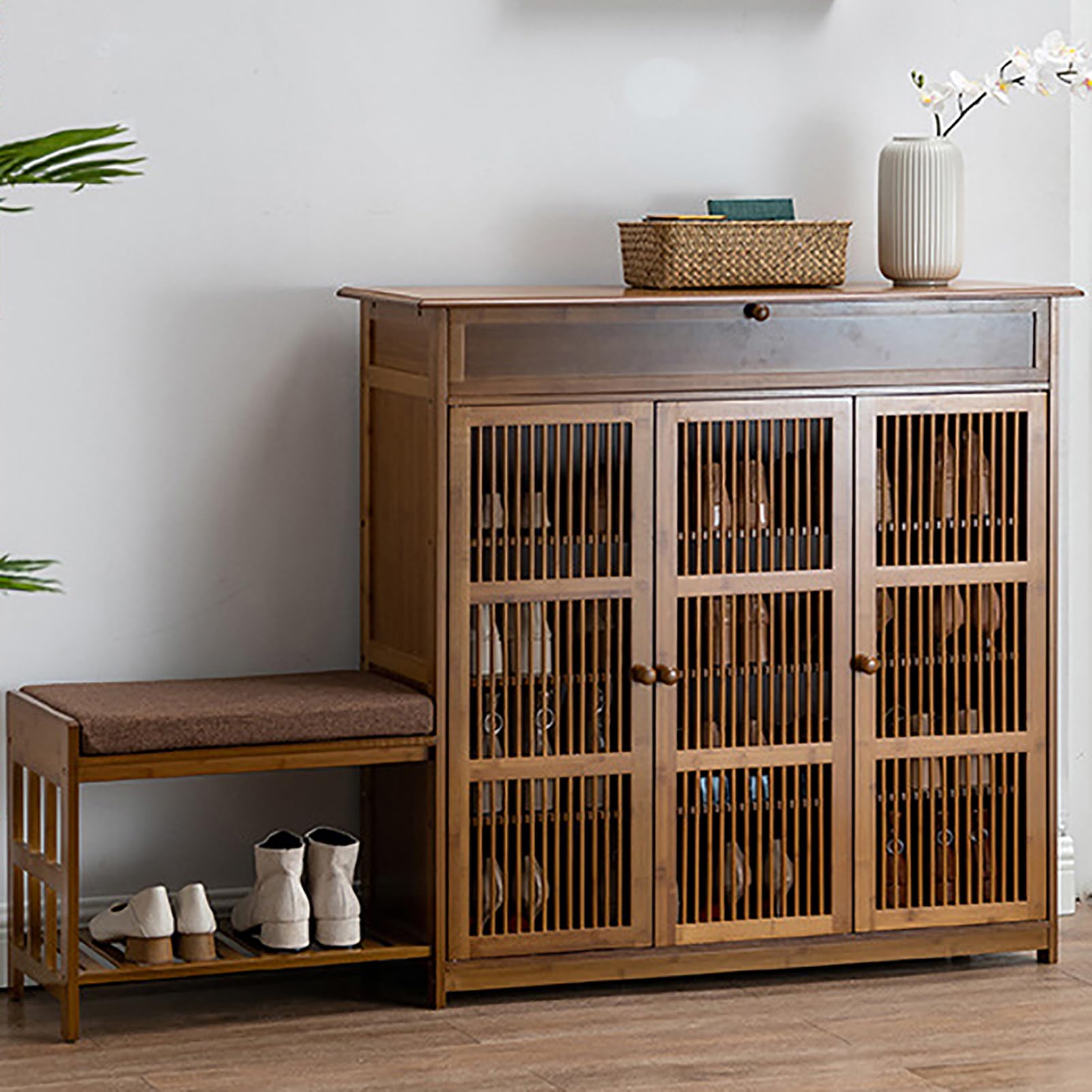 Armario organizador de zapatos de bambú ecológico con puertas de persiana, elegante almacenamiento que ahorra espacio para entrada, sala de estar, dormitorio y pasillo, diseño moderno y duradero