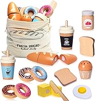 Inslat Wooden Bakery Playset - 19PCS Pretend Play Food Toys with Cutting Bread, Storage Bag for Kids 3+ Boys Girls