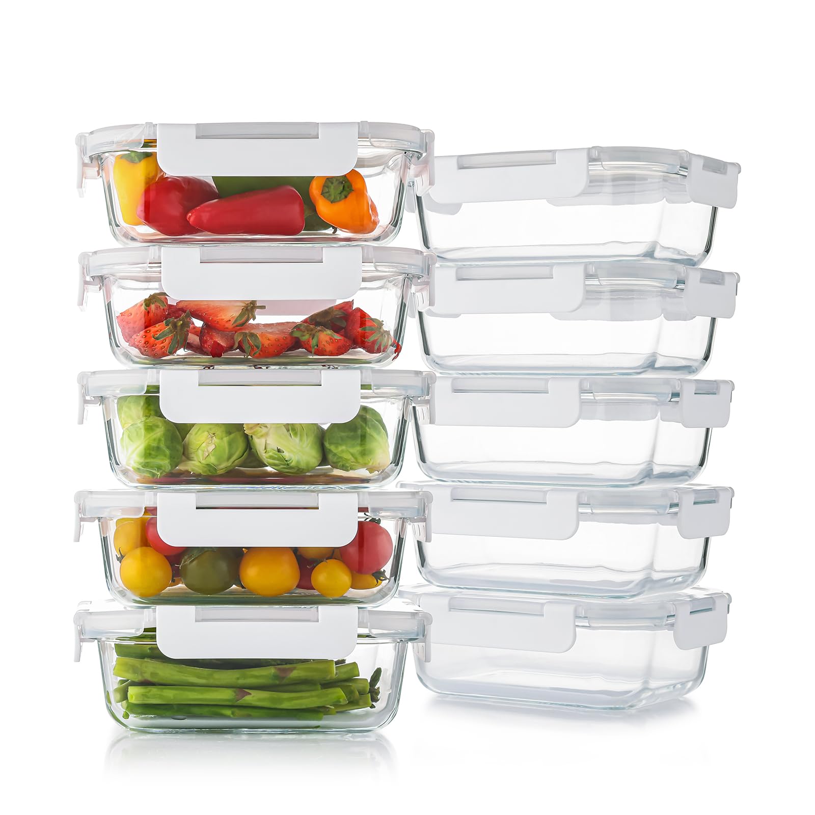 10 pack 22 oz glass meal prep containers with lids, reusable glass food storage containers with lids, leak proof, microwave, oven, freezer and dishwasher safe (white)