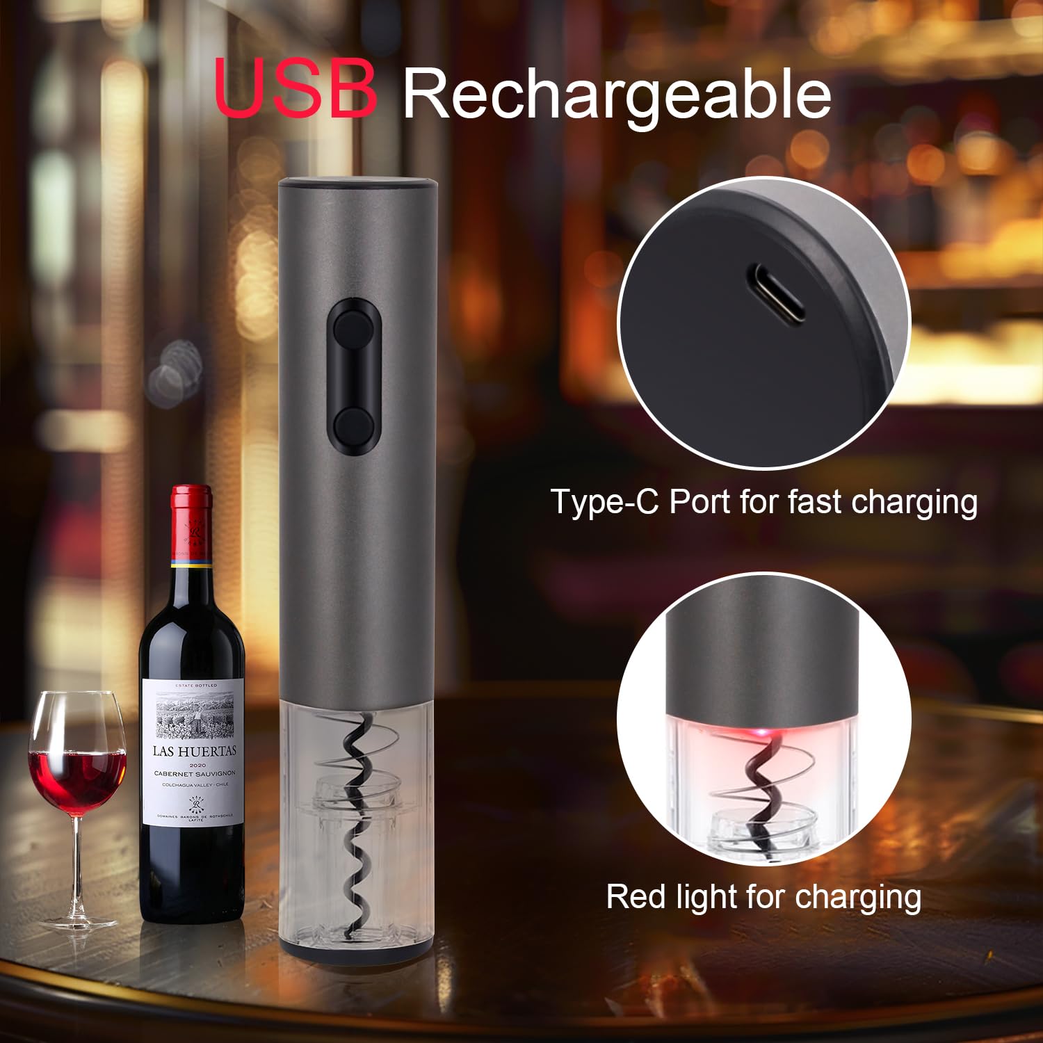 Abridor de vino eléctrico, sacacorchos de vino automático recargable con cortador de lámina, abrelatas de vino de carga tipo C con luz LED para fiesta en casa 4